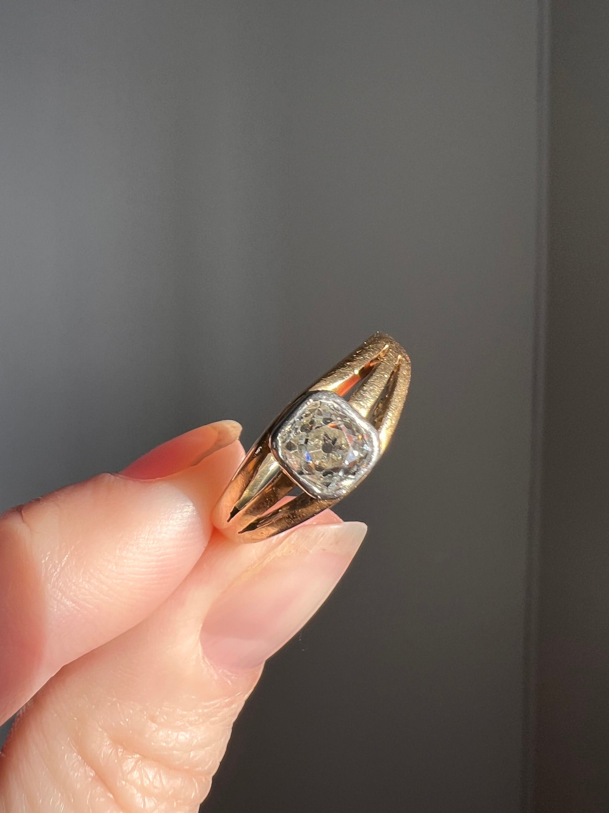 Antique .6 Carat Old Mine Cut DIAMOND French Solitaire Gypsy Band Ring Chunky Stacker 18k Gold Victorian Belle Epoque Romantic Gift Line OmC