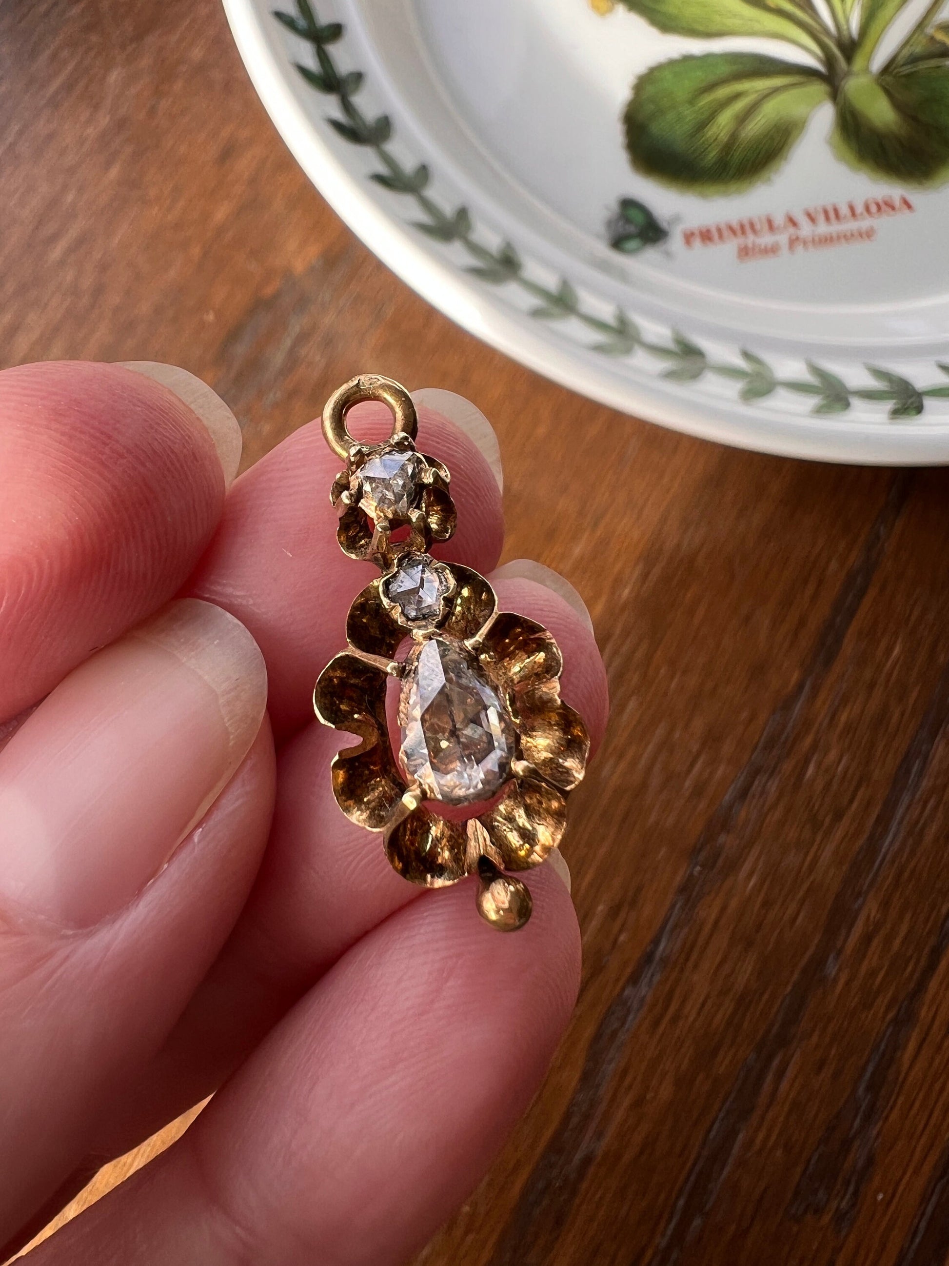 TEARDROP Diamond VICTORIAN French Antique 18k GOLD Buttercup Pendant Foiled 6.7mm Rose Cut Pear Tear Drop Collet Set Romantic Gift Ornate