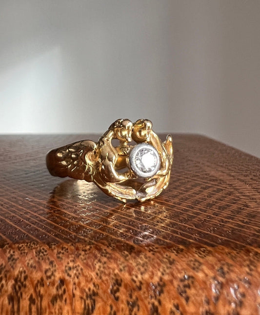 HEAVY Double DRAGON French Antique .3 Ctw Old European Cut DIAMOND RiNG 10g 18k Gold Gift Victorian Figural Belle Epoque Art Nouveau Unisex