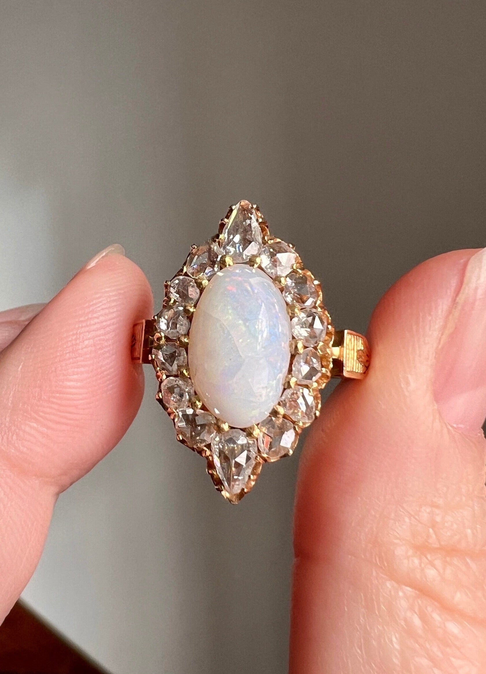 PEAR 1 Carat Rose Cut Diamond Halo Large OPAL French Antique Belle Epoque Ring 18k Gold Gift Belle Epoque Art Nouveau Ornate Romantic Gift