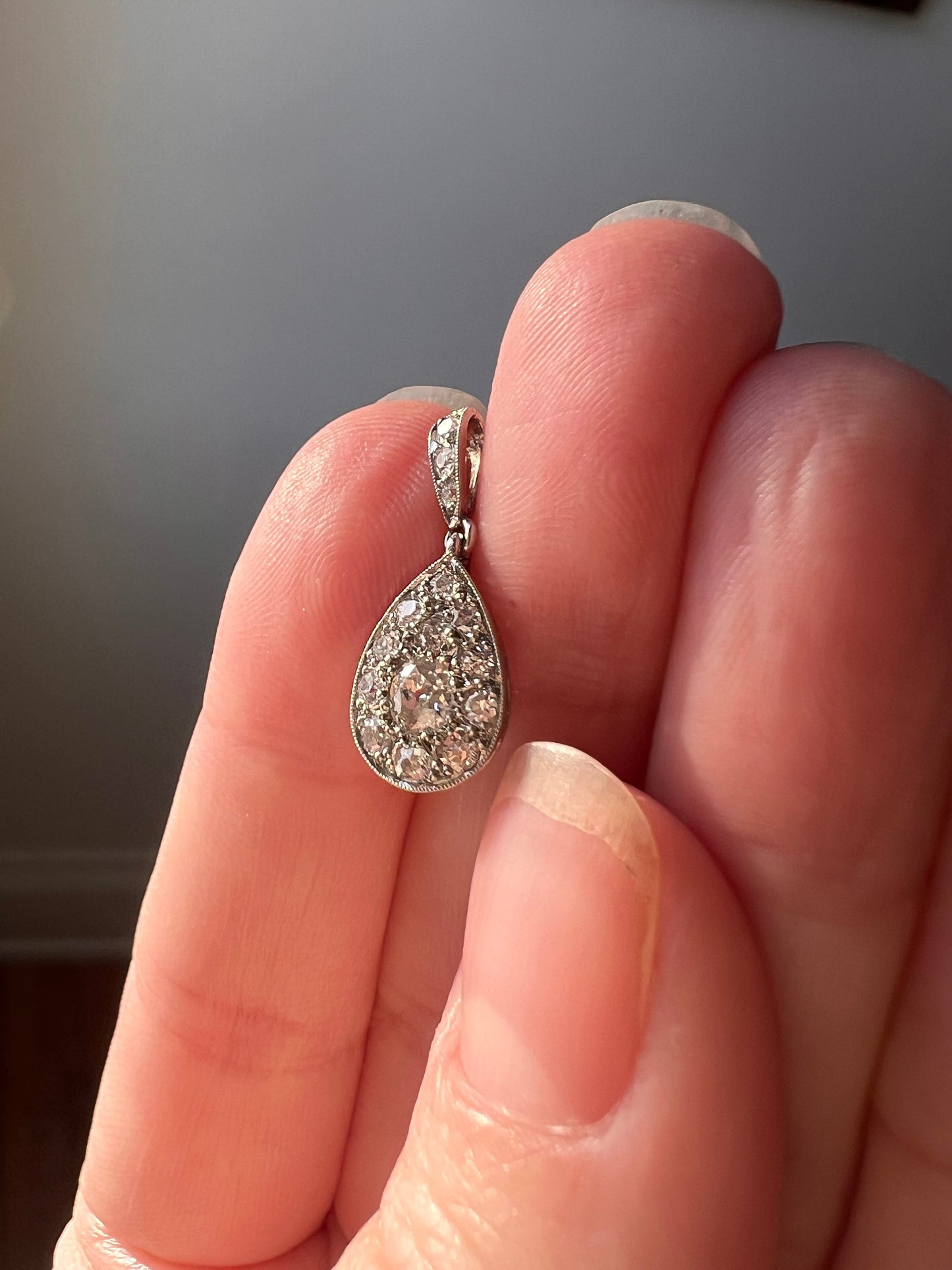 Antique Art Deco Single Cut & Old Mine Cut .6 Carat DIAMOND Teardrop Pendant 18k White Gold PLATINUM Dangle Tear Drop Romantic Gift OMC