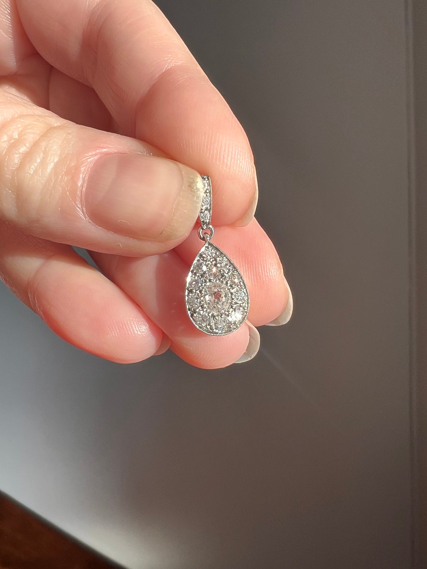 Antique Art Deco Single Cut & Old Mine Cut .6 Carat DIAMOND Teardrop Pendant 18k White Gold PLATINUM Dangle Tear Drop Romantic Gift OMC