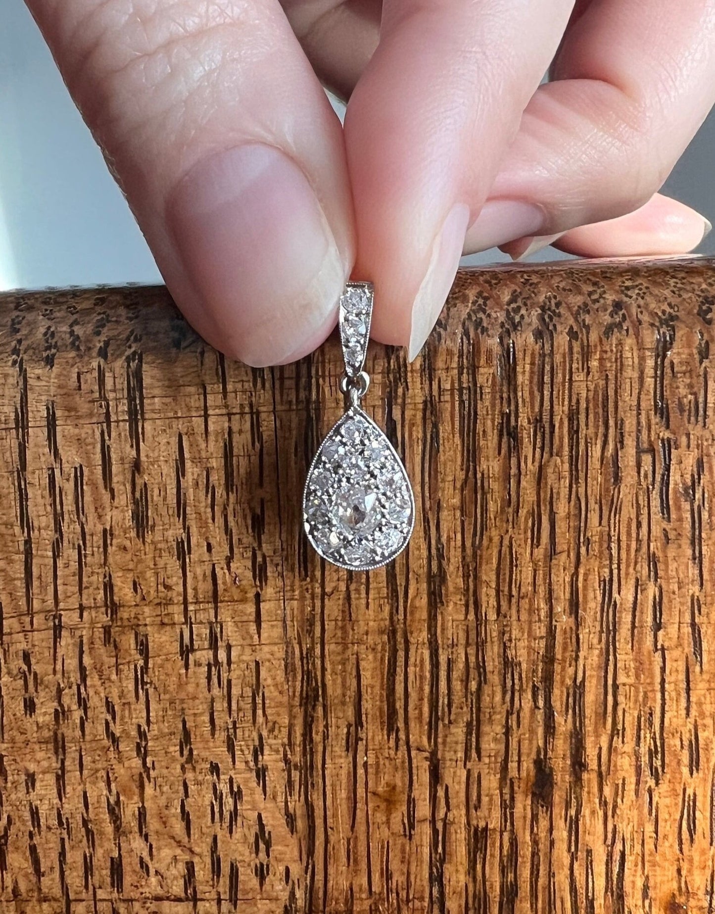 Antique Art Deco Single Cut & Old Mine Cut .6 Carat DIAMOND Teardrop Pendant 18k White Gold PLATINUM Dangle Tear Drop Romantic Gift OMC