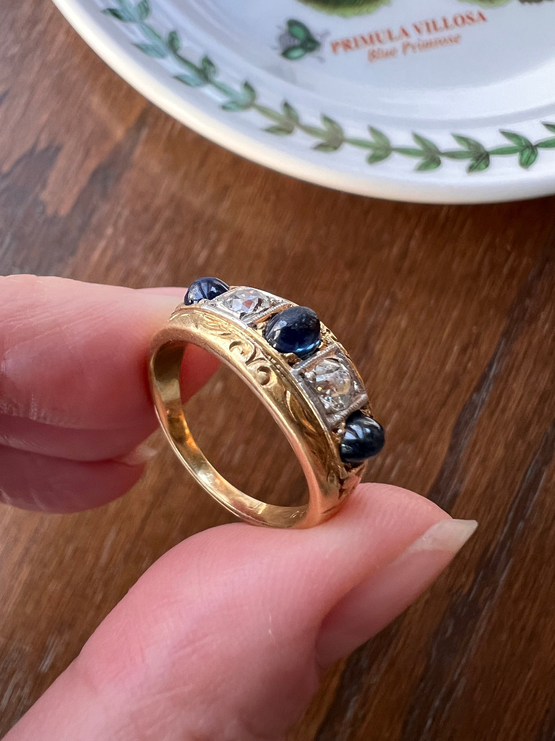 SUGARLOAF Sapphire Old European Cut DIAMOND Five Stone Gypsy Band French Antique Ring 18k Gold Domed Wide Band Chunky Unisex Gift Stacker