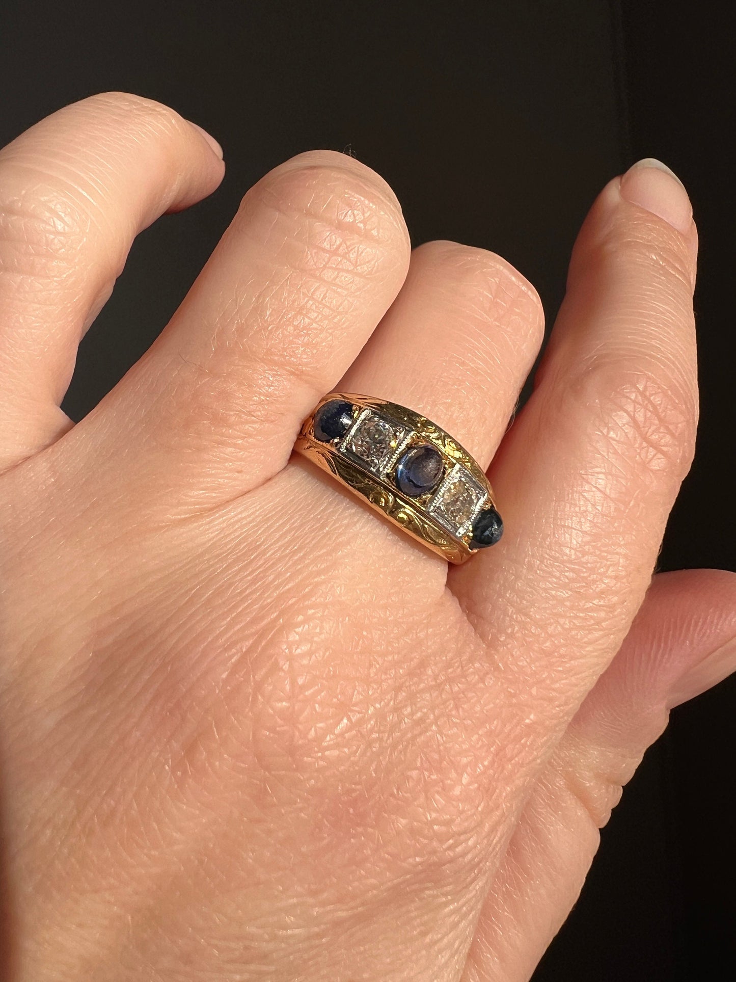 SUGARLOAF Sapphire Old European Cut DIAMOND Five Stone Gypsy Band French Antique Ring 18k Gold Domed Wide Band Chunky Unisex Gift Stacker