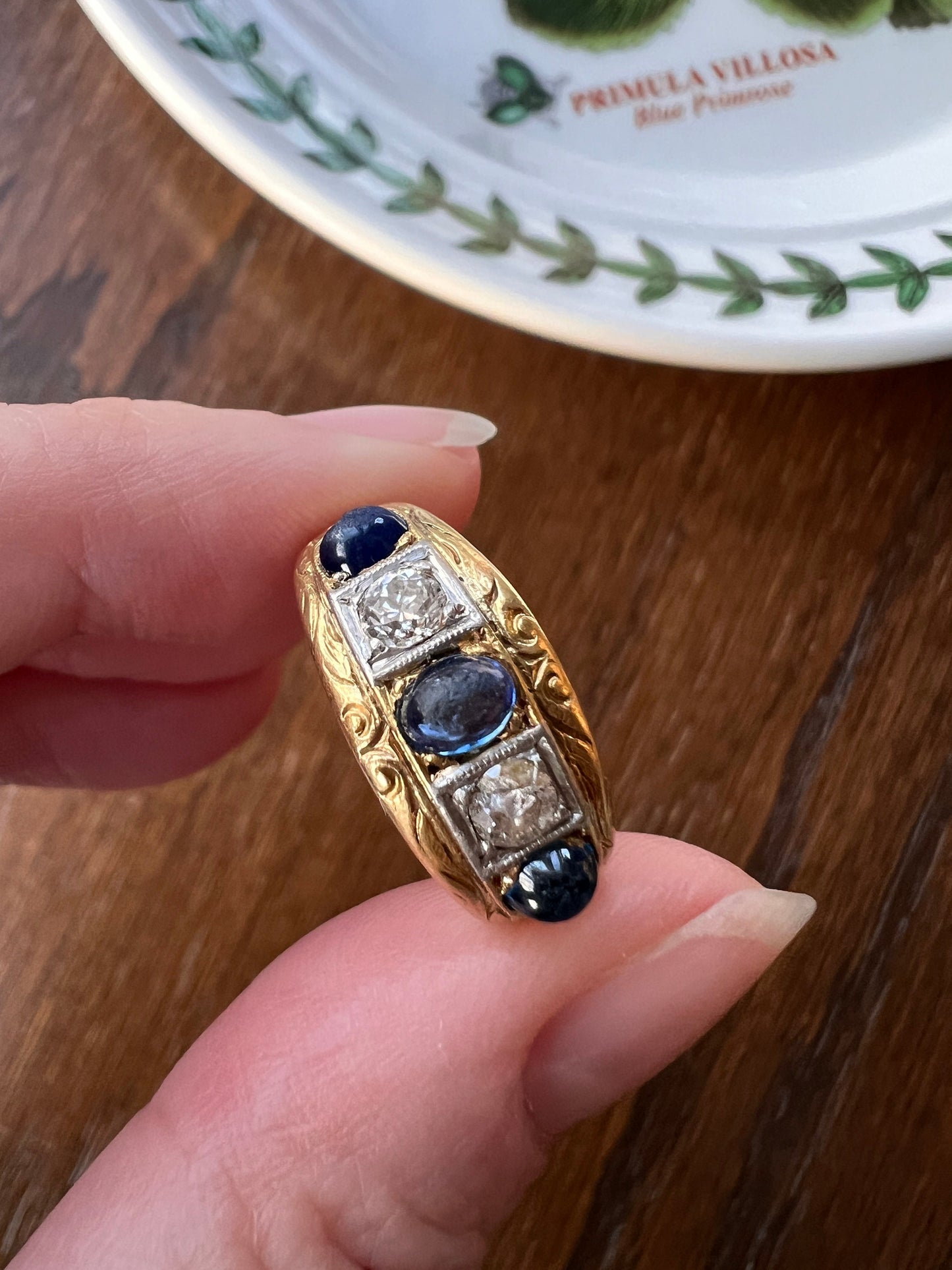 SUGARLOAF Sapphire Old European Cut DIAMOND Five Stone Gypsy Band French Antique Ring 18k Gold Domed Wide Band Chunky Unisex Gift Stacker