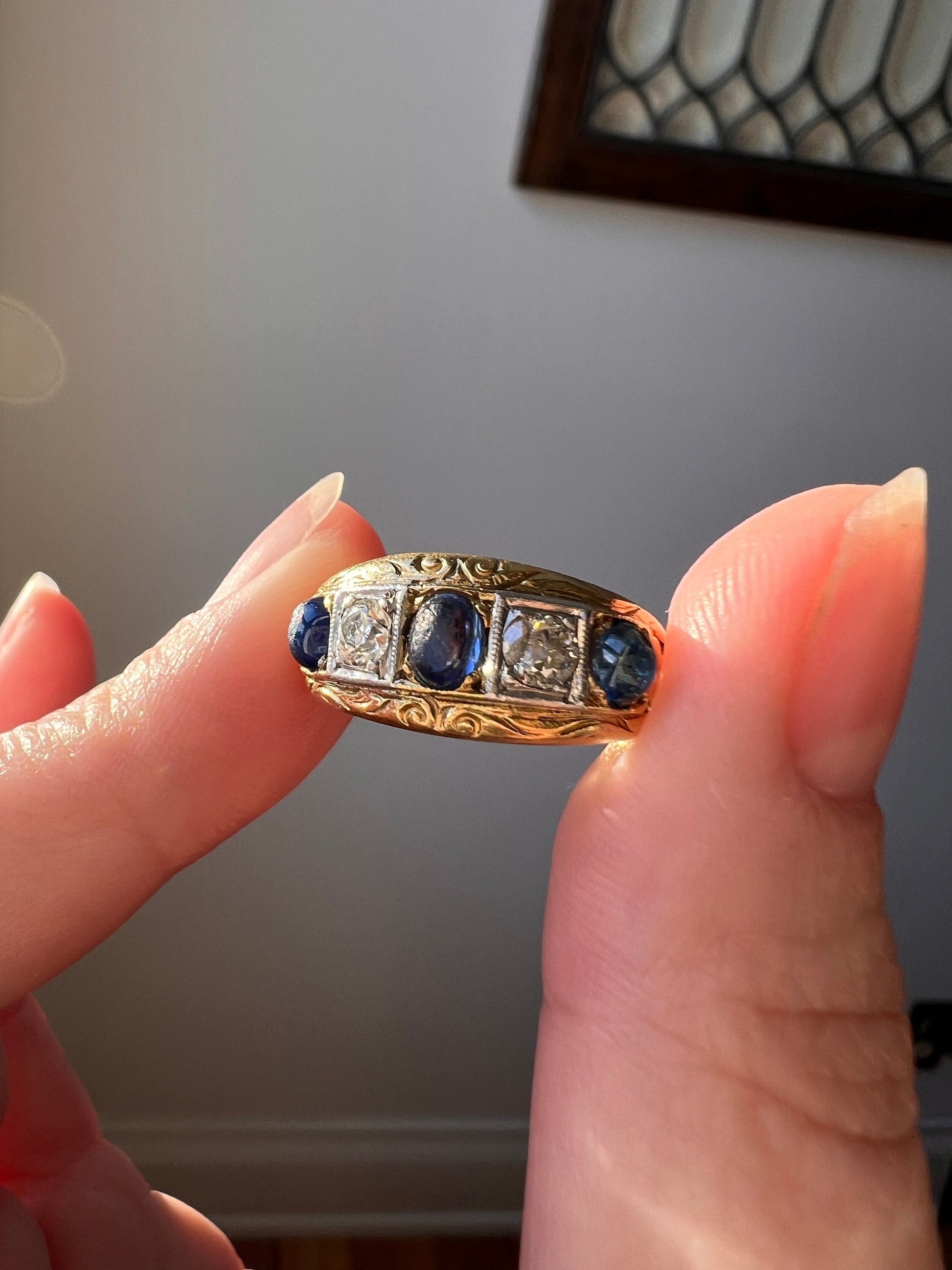 SUGARLOAF Sapphire Old European Cut DIAMOND Five Stone Gypsy Band French Antique Ring 18k Gold Domed Wide Band Chunky Unisex Gift Stacker