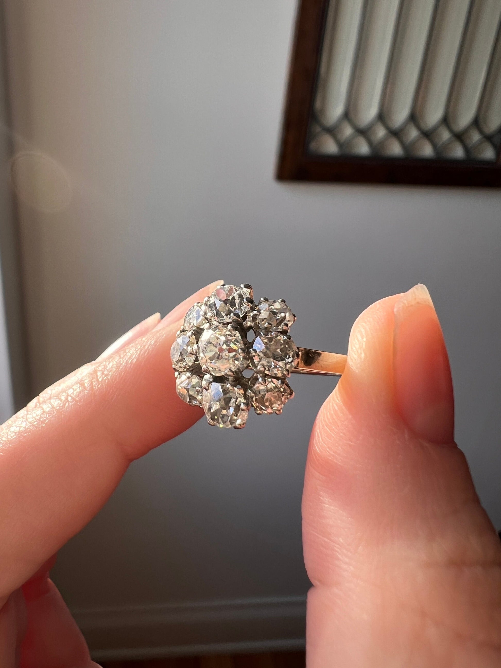 Domed French ANTIQUE 2 1/4 Carats Old Mine Cut DIAMOND Daisy Cluster Ring 18k White Gold Art Deco Gift 2.25 Tdw Belle Epoque Stacker Chunky