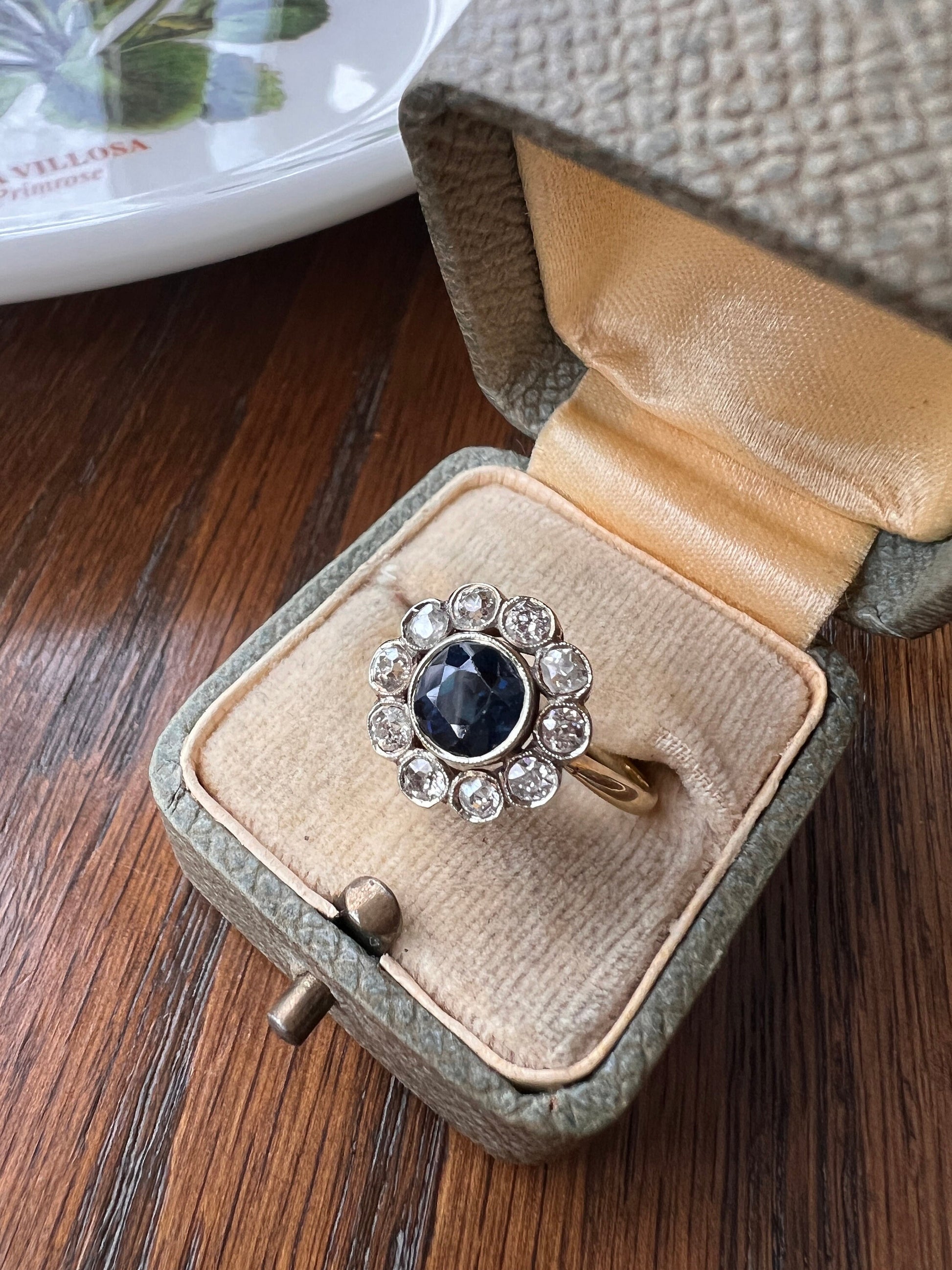 Natural SAPPHIRE French ANTIQUE .6 Ct Old Mine Cut DIAMOND Halo Ring 18k Gold Platinum Blue Green Round Victorian Belle Epoque Stacker OmC
