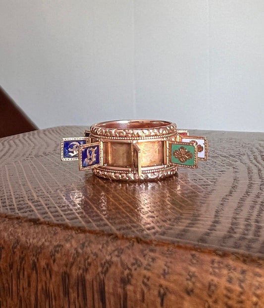 OPENING Panels GEORGIAN Antique Ring Heavy 9.2g 18k Gold Wide Band RARE Multi Colorful Enamel Floral Romantic Gift OOaK Ornate Chunky French