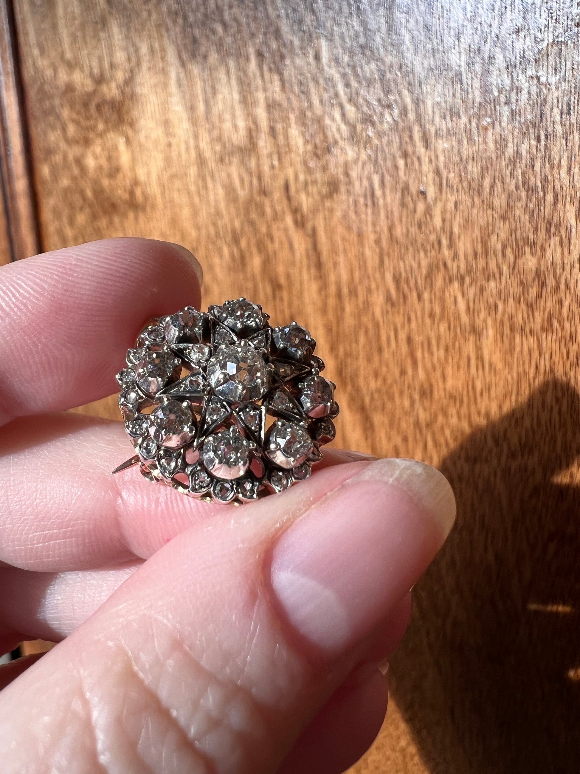 STAR Antique 41 Rose & Old Mine Cut DIAMOND Cluster PENDANT 1.4 Carats 18k Gold Pin Brooch Victorian Gift Belle Epoque Bridal Something Old