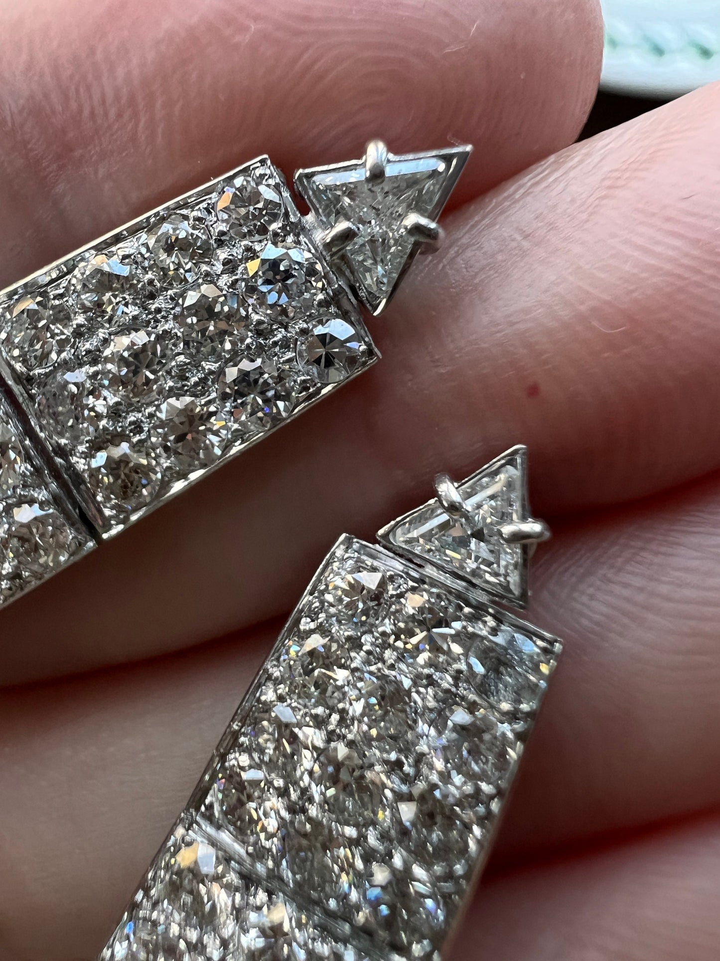 French Antique 3.4 Carats TRIANGLE Old Cut DIAMOND & Round Grid Panel Dangle Earrings PLATINUM 18k White Gold Edwardian Bridal Something Old