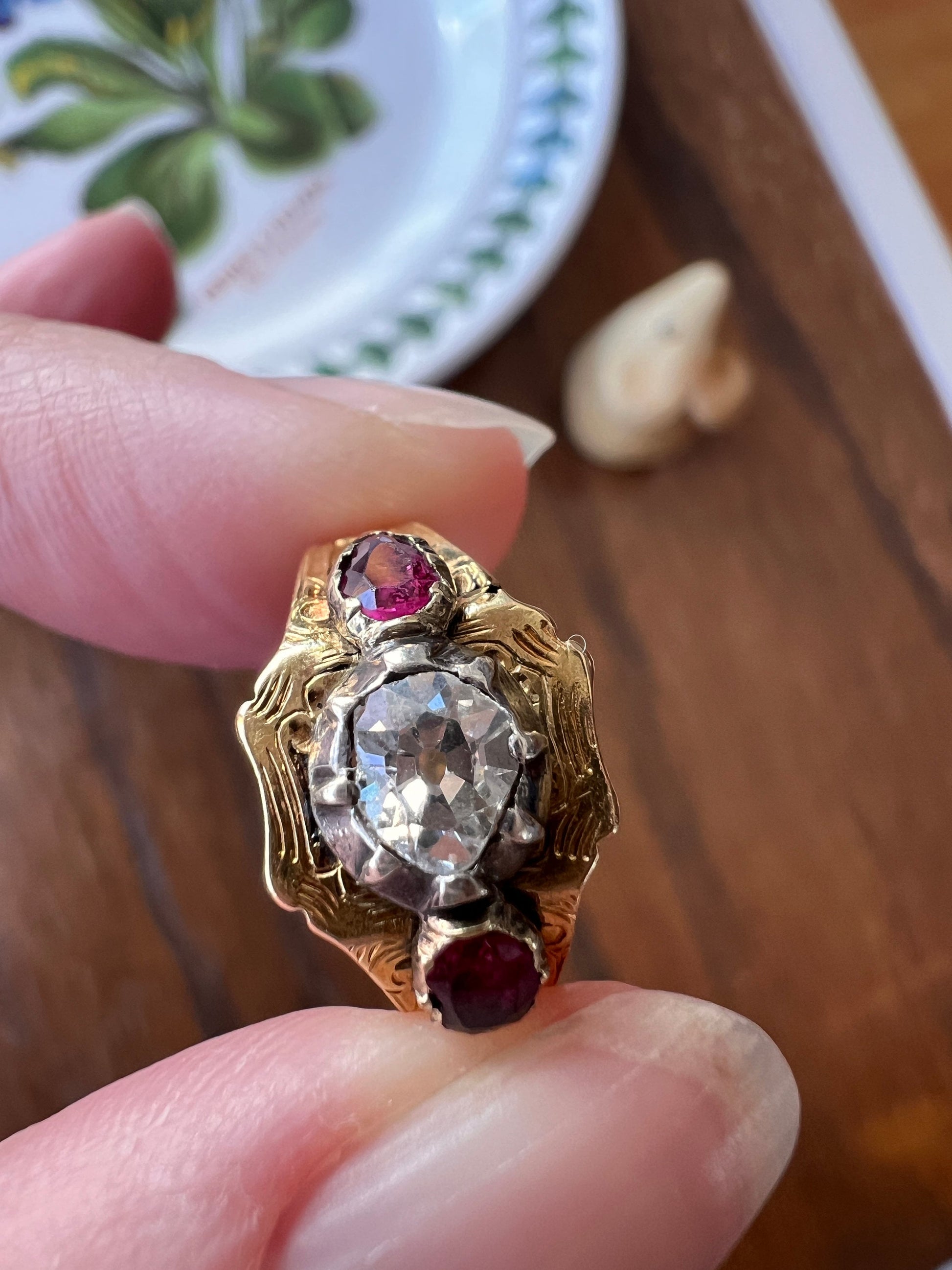 Old Mine Cut DIAMOND Ruby Collet Set Victorian ANTIQUE French Ring 18k Gold Engraved Shield Ornate Red Romantic Gift Square Stacker OmC Pink