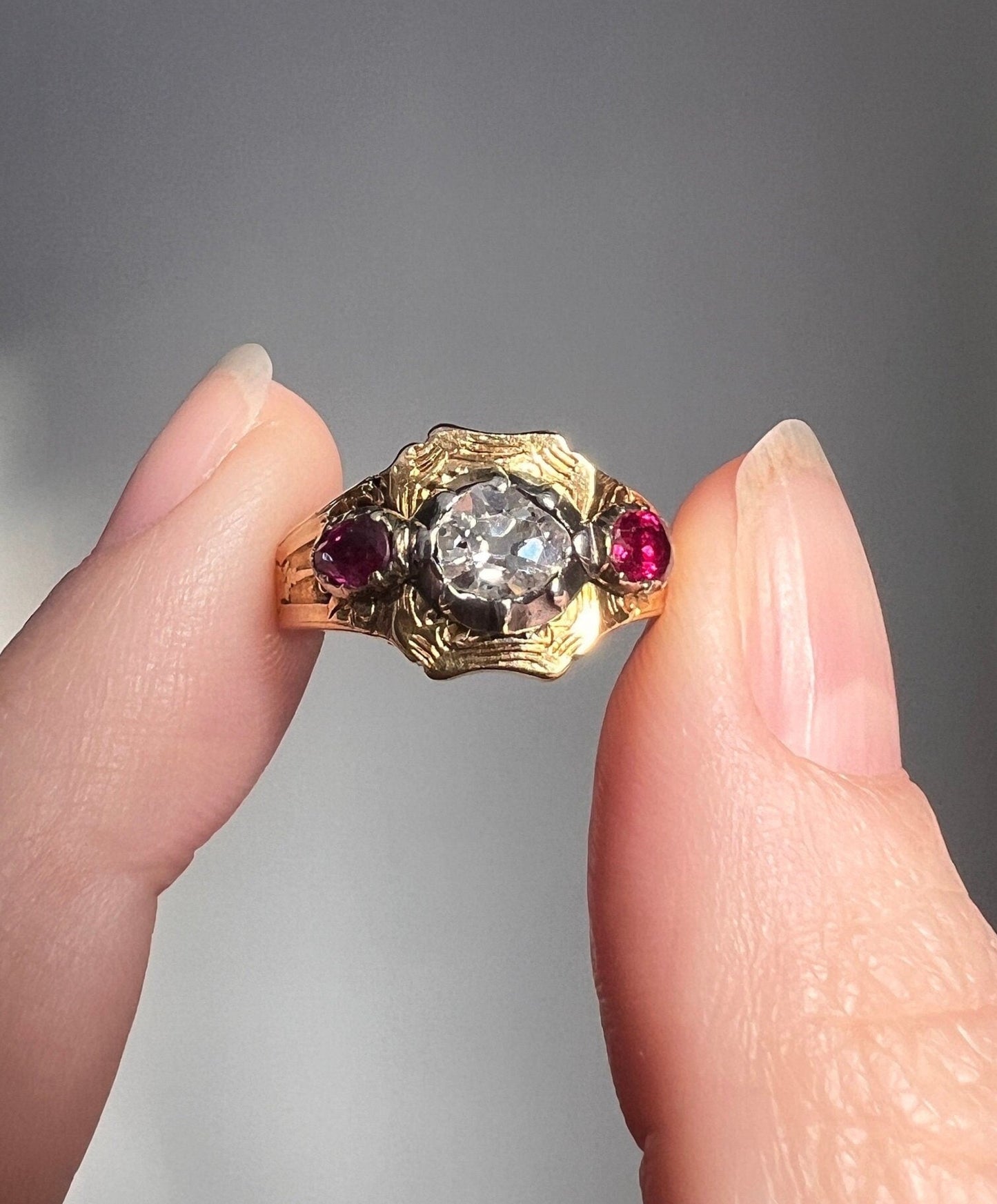 Old Mine Cut DIAMOND Ruby Collet Set Victorian ANTIQUE French Ring 18k Gold Engraved Shield Ornate Red Romantic Gift Square Stacker OmC Pink