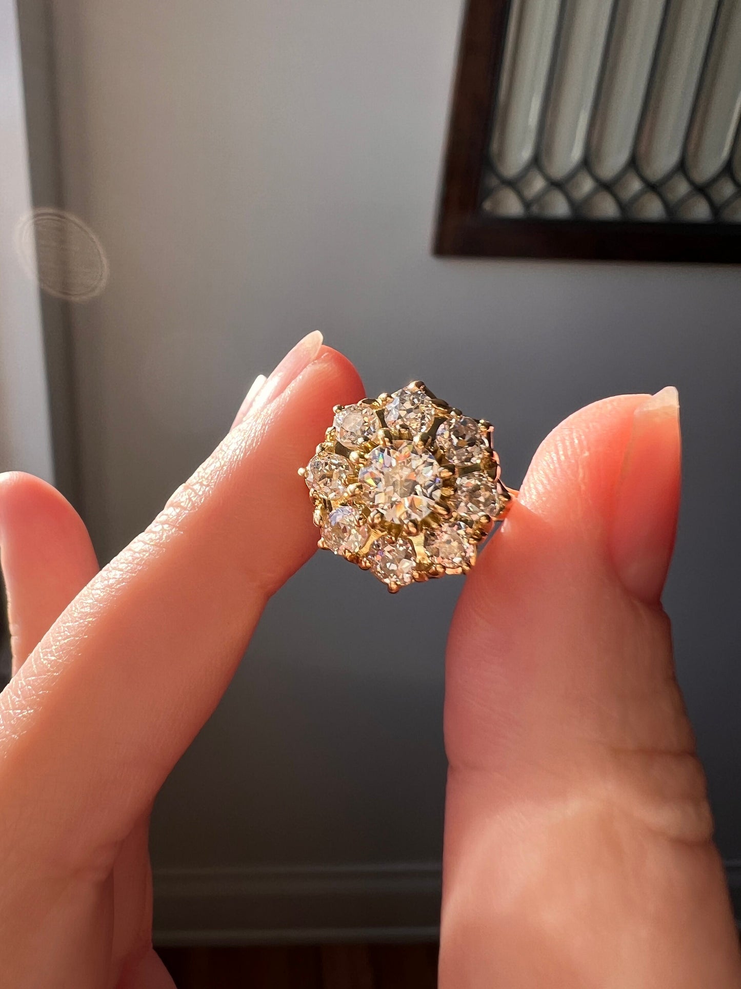 Tall ANTIQUE 1.8 Carat 9 Old Mine Cut DIAMOND Daisy Cluster Ring 18k Yellow Gold French Antique Belle Epoque Romantic Gift OmC Omc 1.8 Tdw