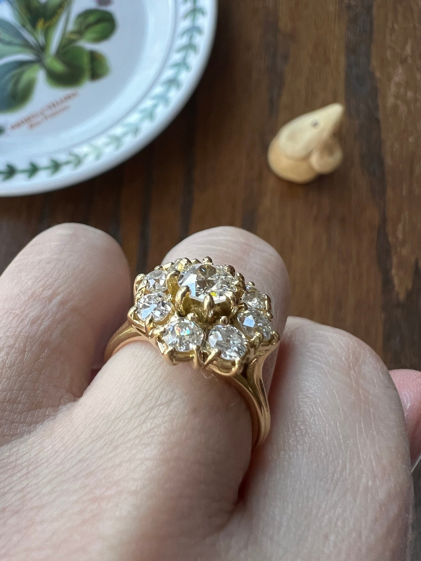 Tall ANTIQUE 1.8 Carat 9 Old Mine Cut DIAMOND Daisy Cluster Ring 18k Yellow Gold French Antique Belle Epoque Romantic Gift OmC Omc 1.8 Tdw