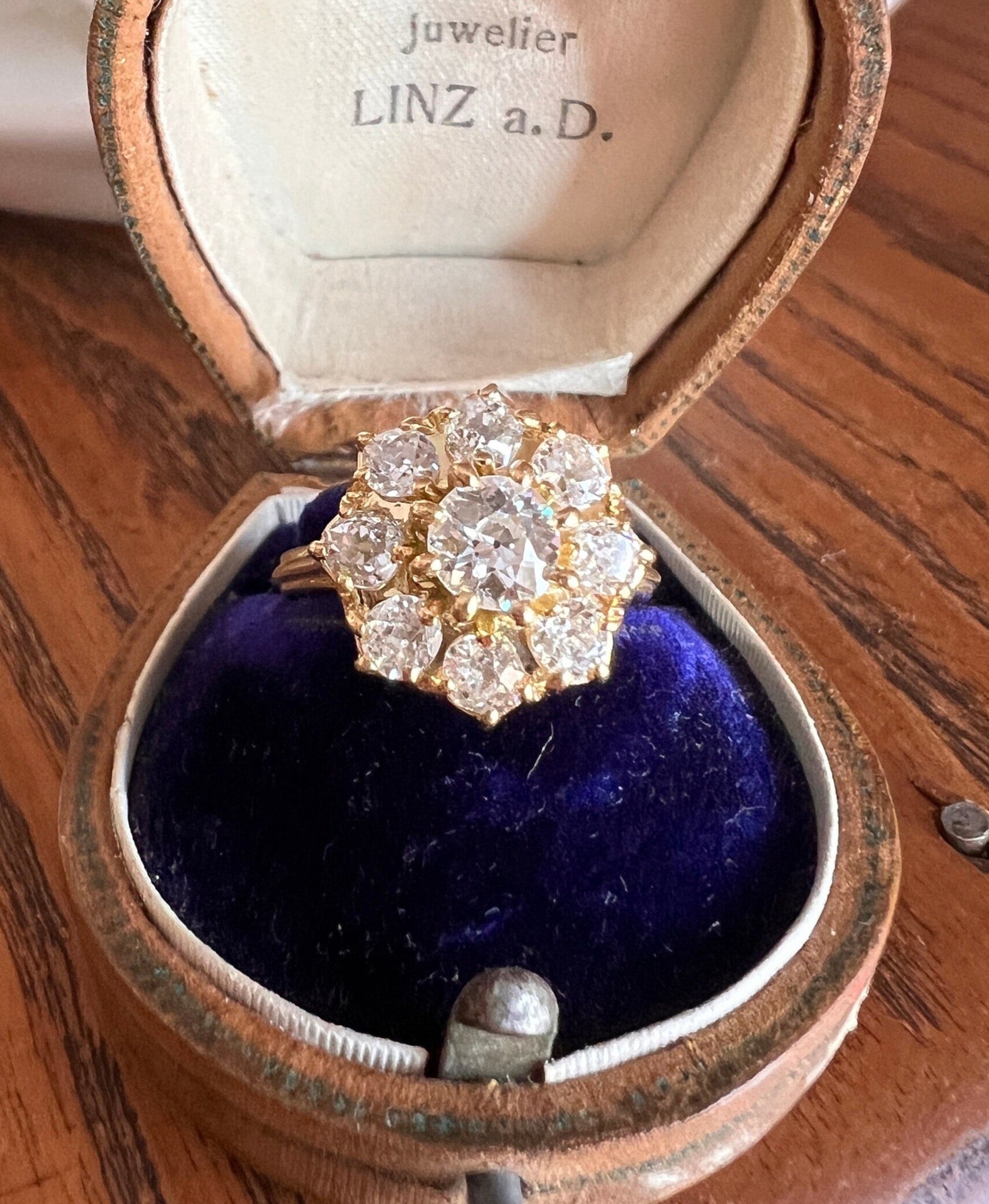 Tall ANTIQUE 1.8 Carat 9 Old Mine Cut DIAMOND Daisy Cluster Ring 18k Yellow Gold French Antique Belle Epoque Romantic Gift OmC Omc 1.8 Tdw