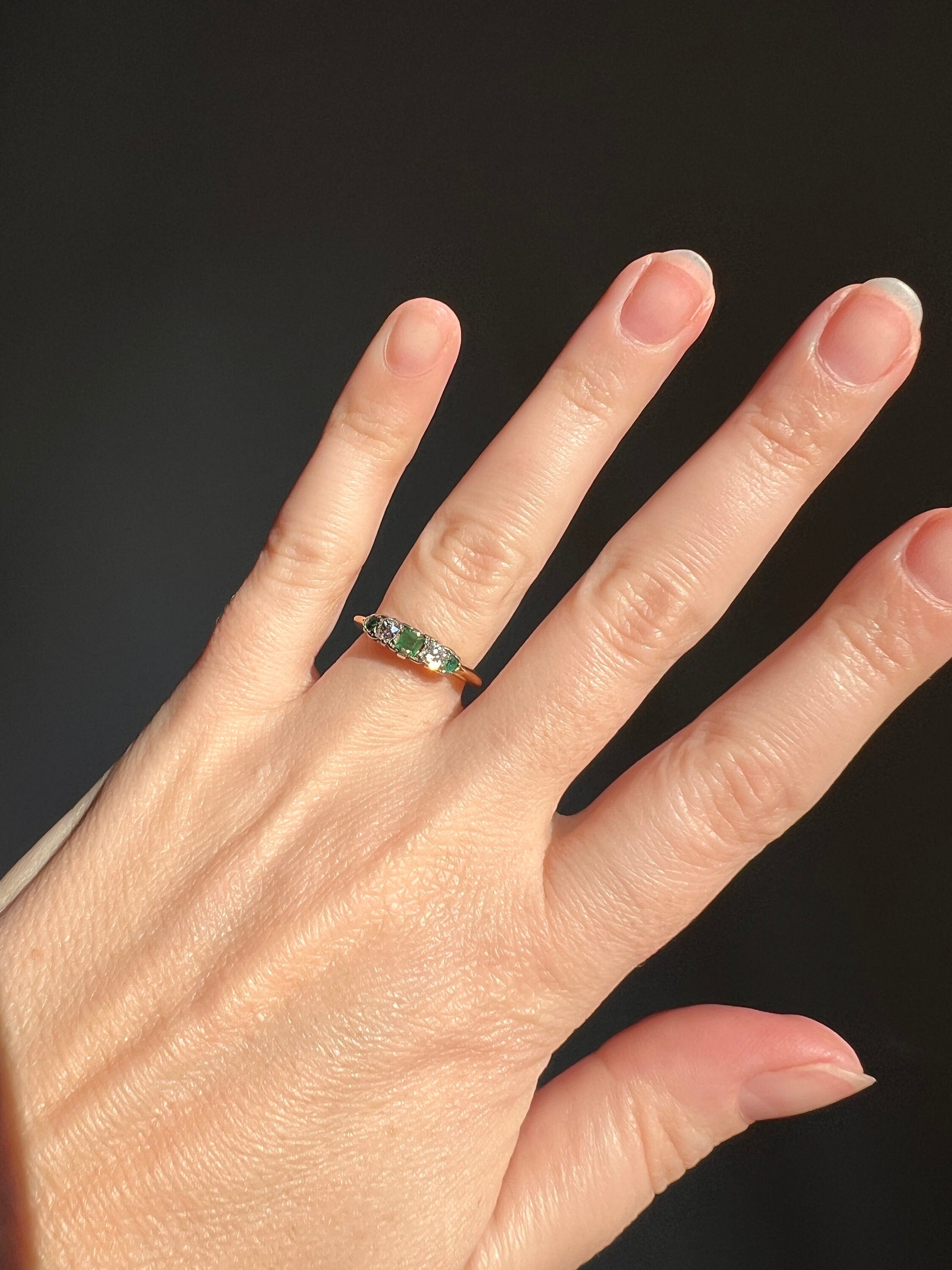 EMERALD Old Mine Cut DIAMOND French ANTIQUE Linear Ring 18k Gold Alternating Green Skinny Band Stacker Romantic Gift Victorian Edwardian OmC