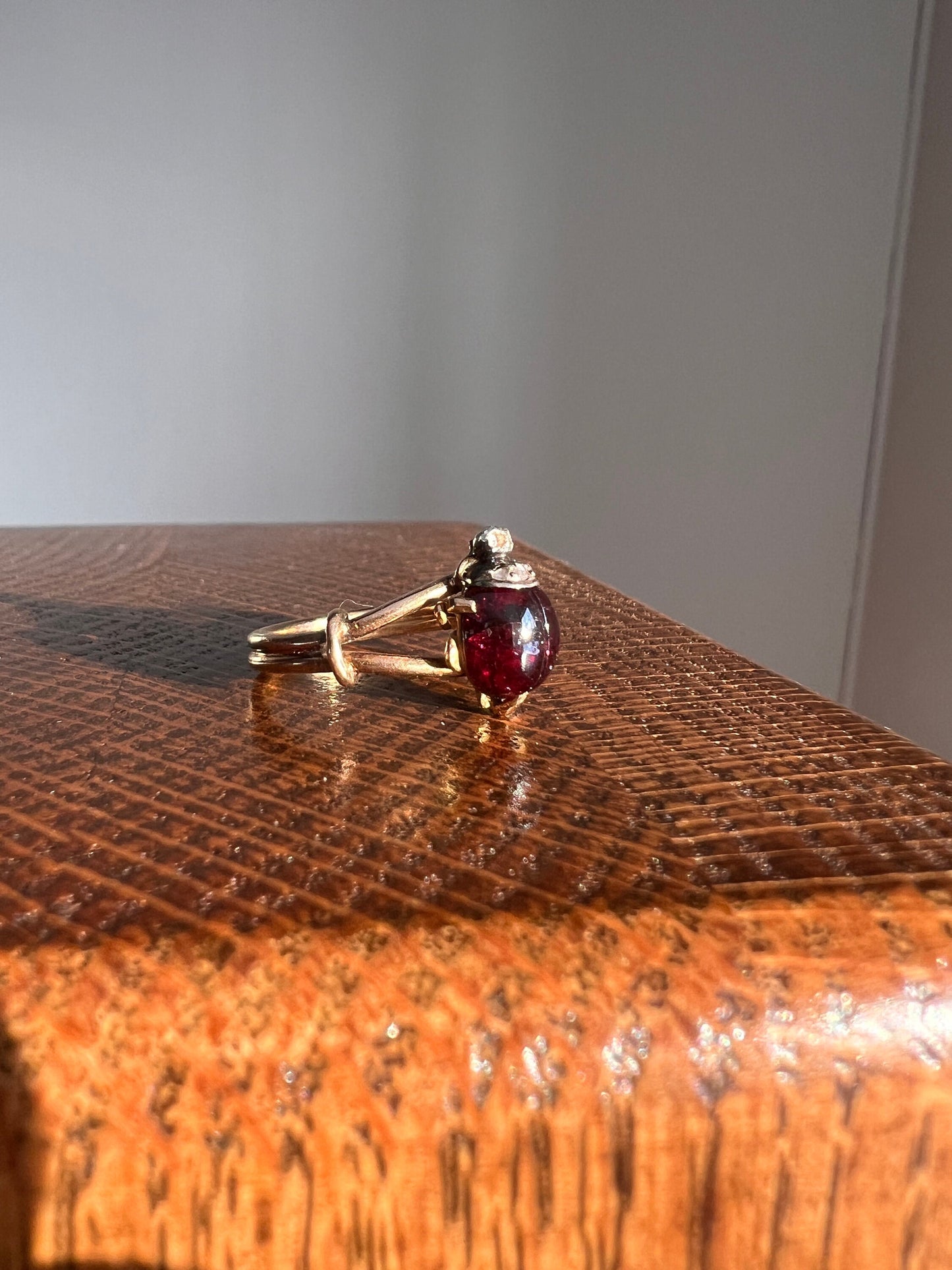 LADYBUG Garnet Rose Cut DIAMOND French Antique Figural Ring 18k Gold Good Luck Gift Lucky Stacker Figural Bug Red 3D Unique Whimsical Glow