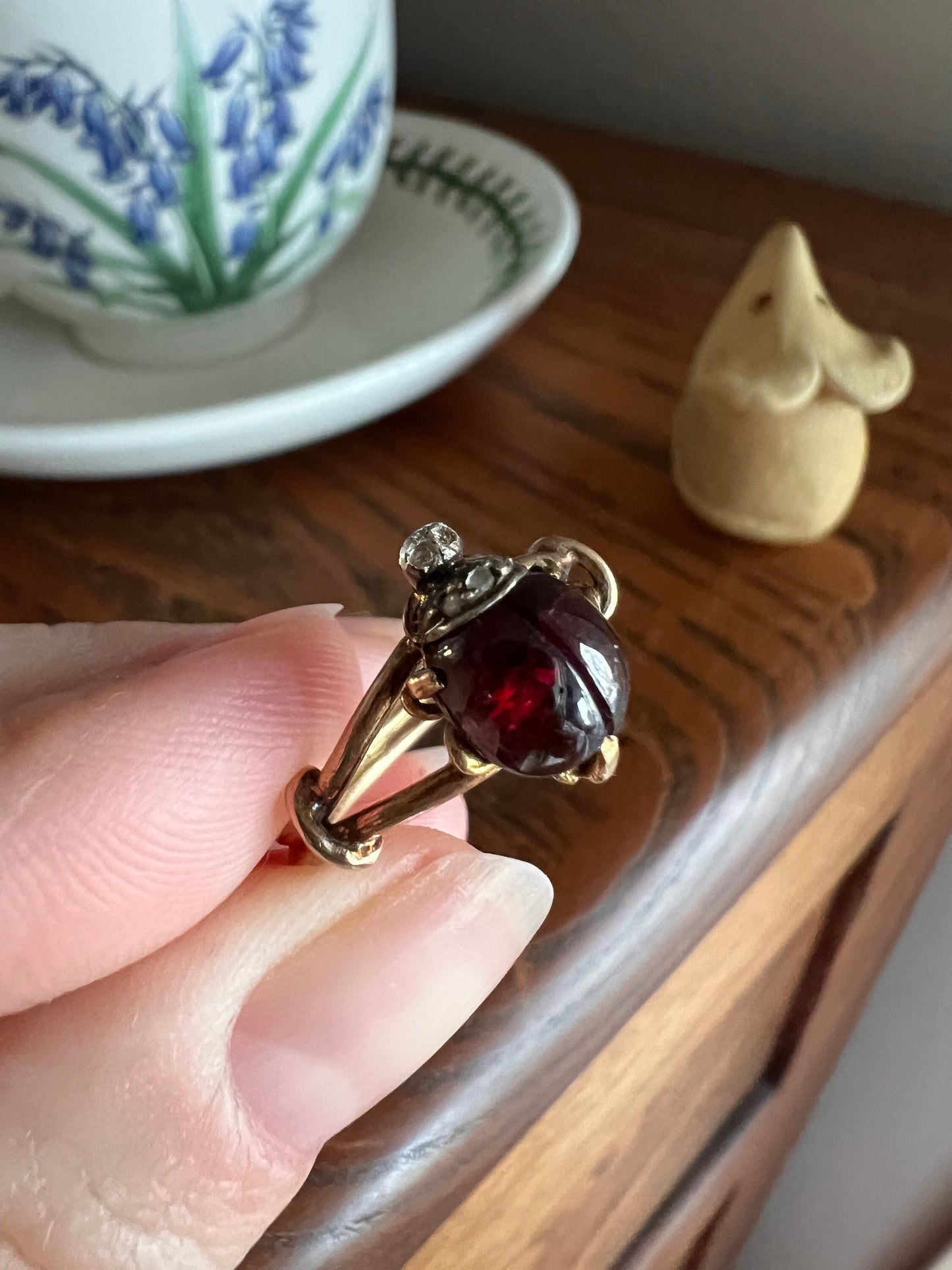 LADYBUG Garnet Rose Cut DIAMOND French Antique Figural Ring 18k Gold Good Luck Gift Lucky Stacker Figural Bug Red 3D Unique Whimsical Glow