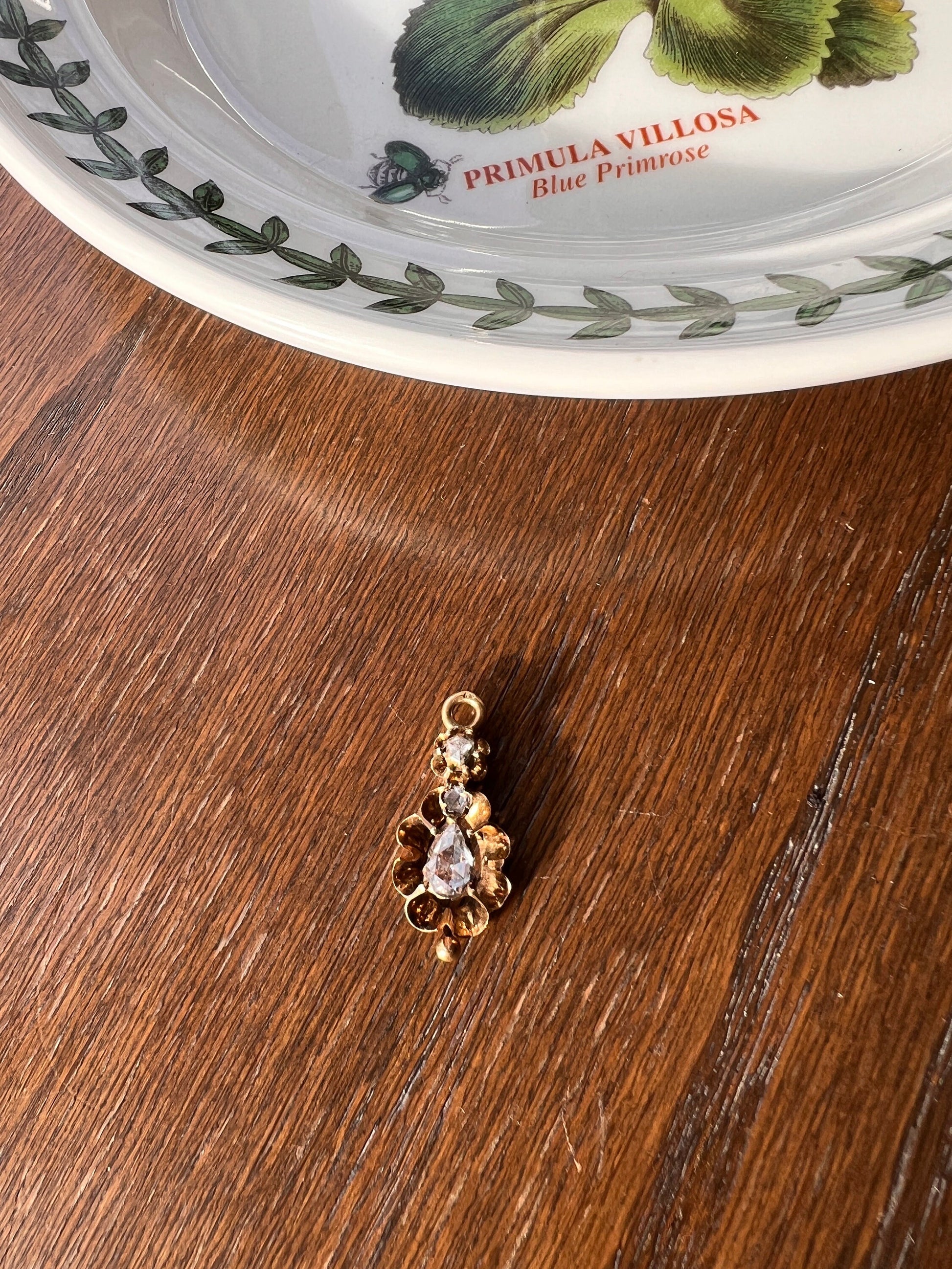 TEARDROP Diamond VICTORIAN French Antique 18k GOLD Buttercup Pendant Foiled 6.7mm Rose Cut Pear Tear Drop Collet Set Romantic Gift Ornate