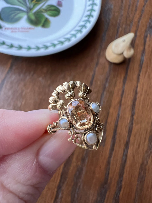 Special THISTLE Antique Imperial TOPAZ Ring Art Nouveau Figural Floral Crown French Belle Epoque 18k Gold Pear Golden Peach Victorian