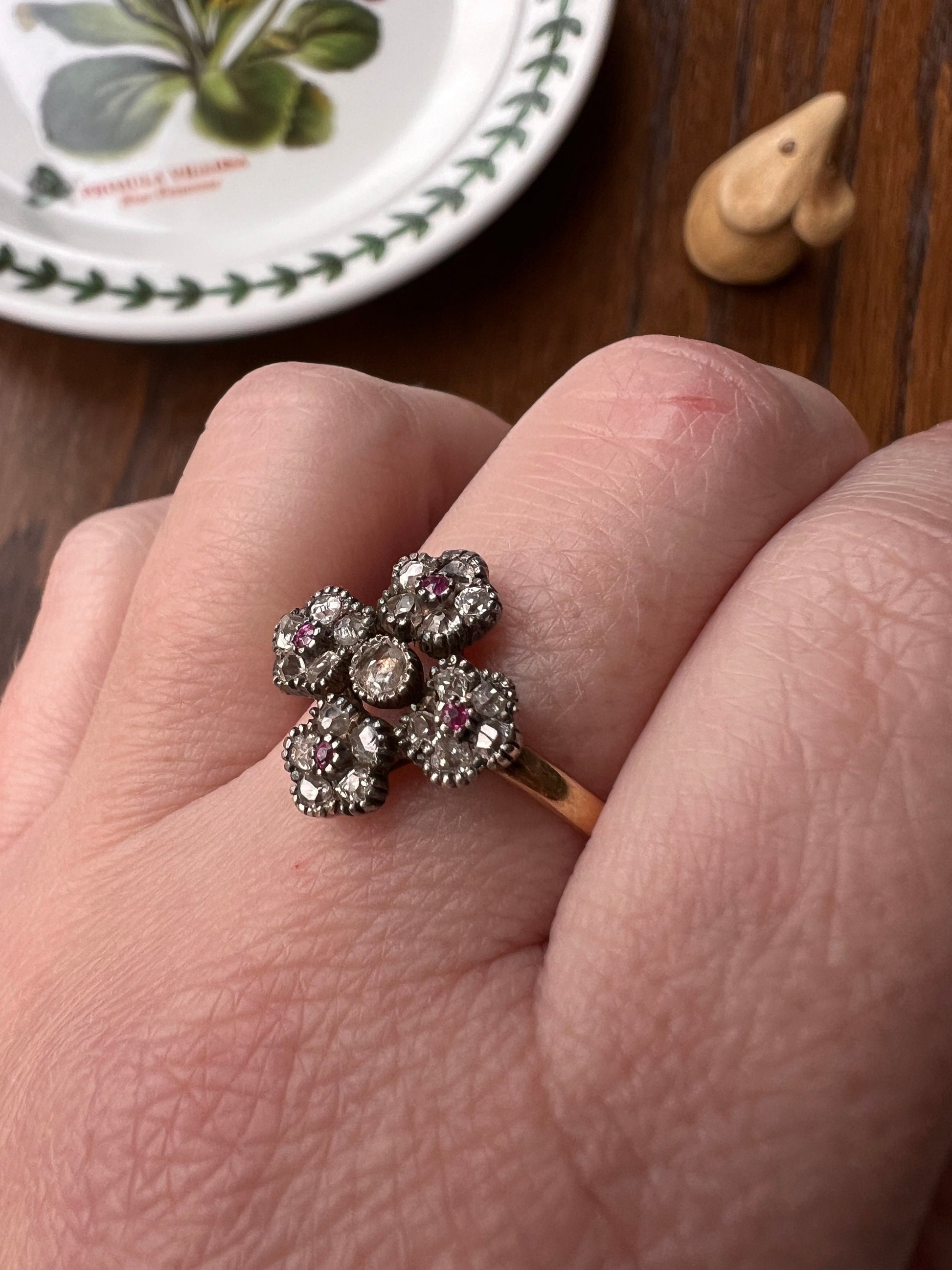 Cruciform FLORAL Rose Old Mine Cut DIAMOND Encrusted Ring Ruby Center French Georgian Victorian Antique 18k Gold 3D Unique Forget Me Not OmC