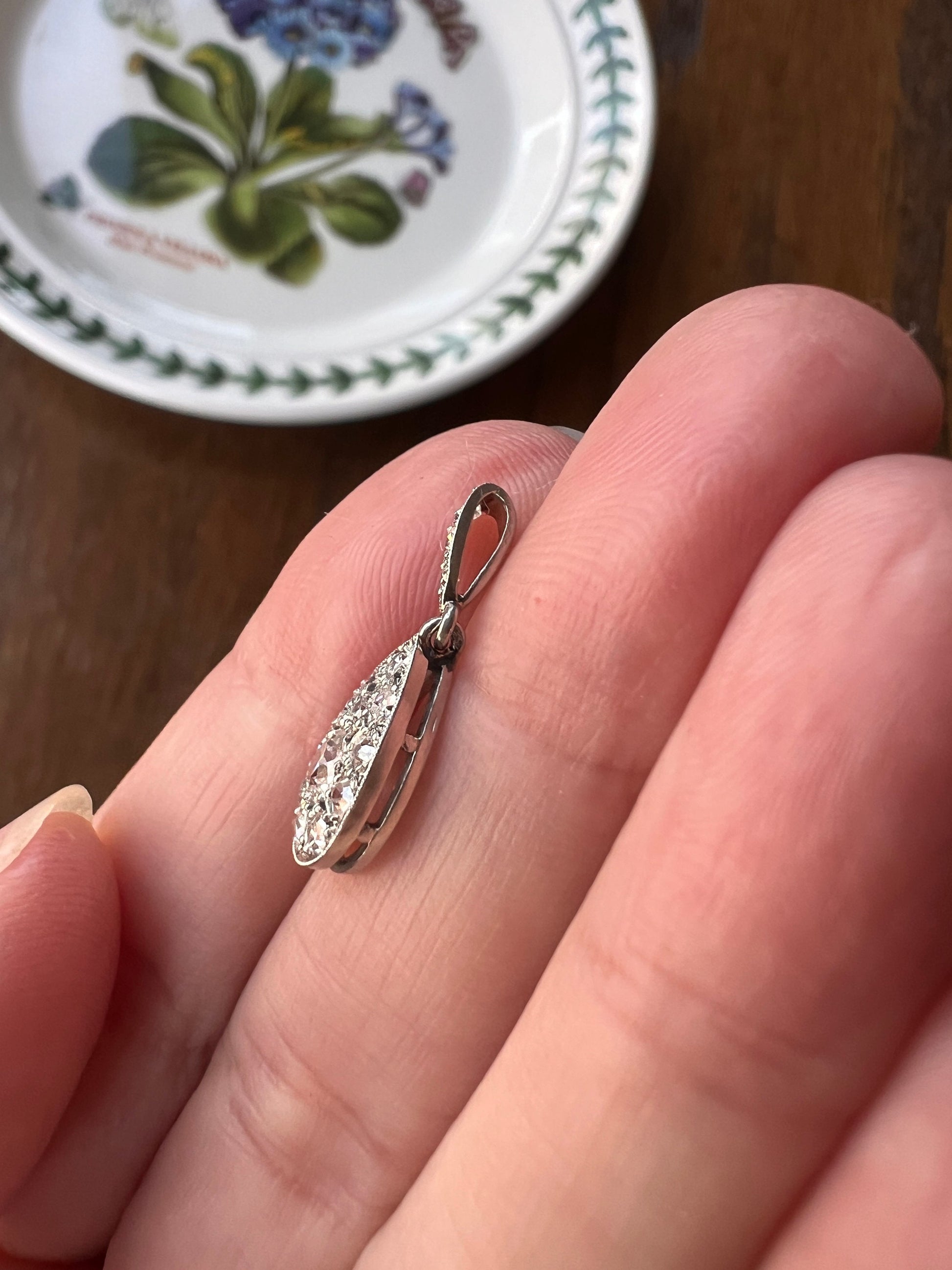 Antique Art Deco Single Cut & Old Mine Cut .6 Carat DIAMOND Teardrop Pendant 18k White Gold PLATINUM Dangle Tear Drop Romantic Gift OMC