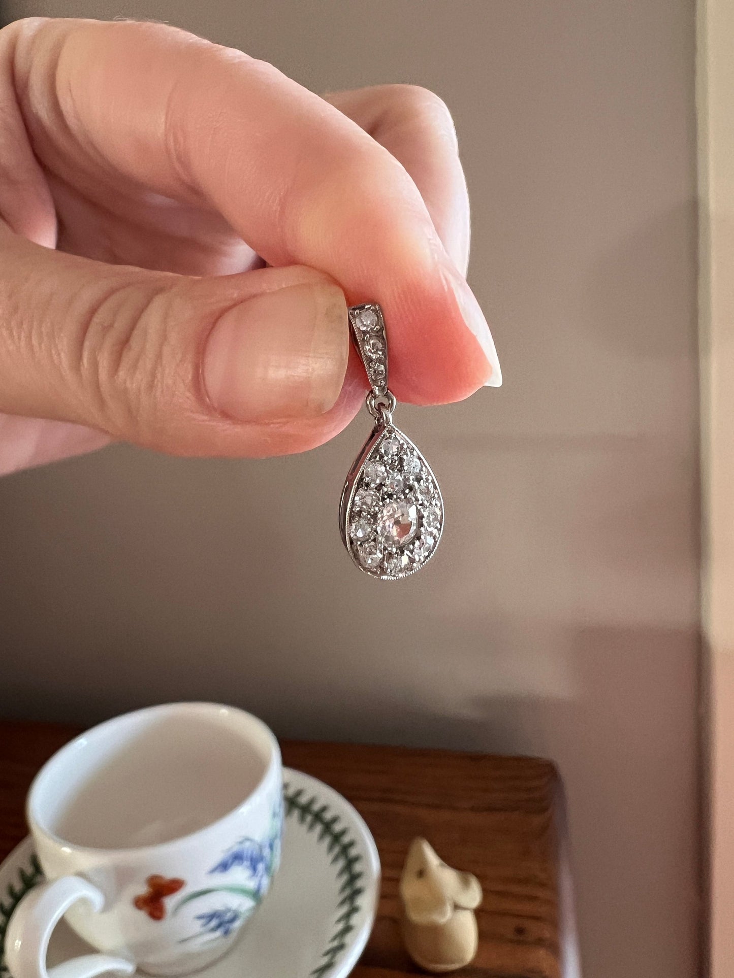 Antique Art Deco Single Cut & Old Mine Cut .6 Carat DIAMOND Teardrop Pendant 18k White Gold PLATINUM Dangle Tear Drop Romantic Gift OMC