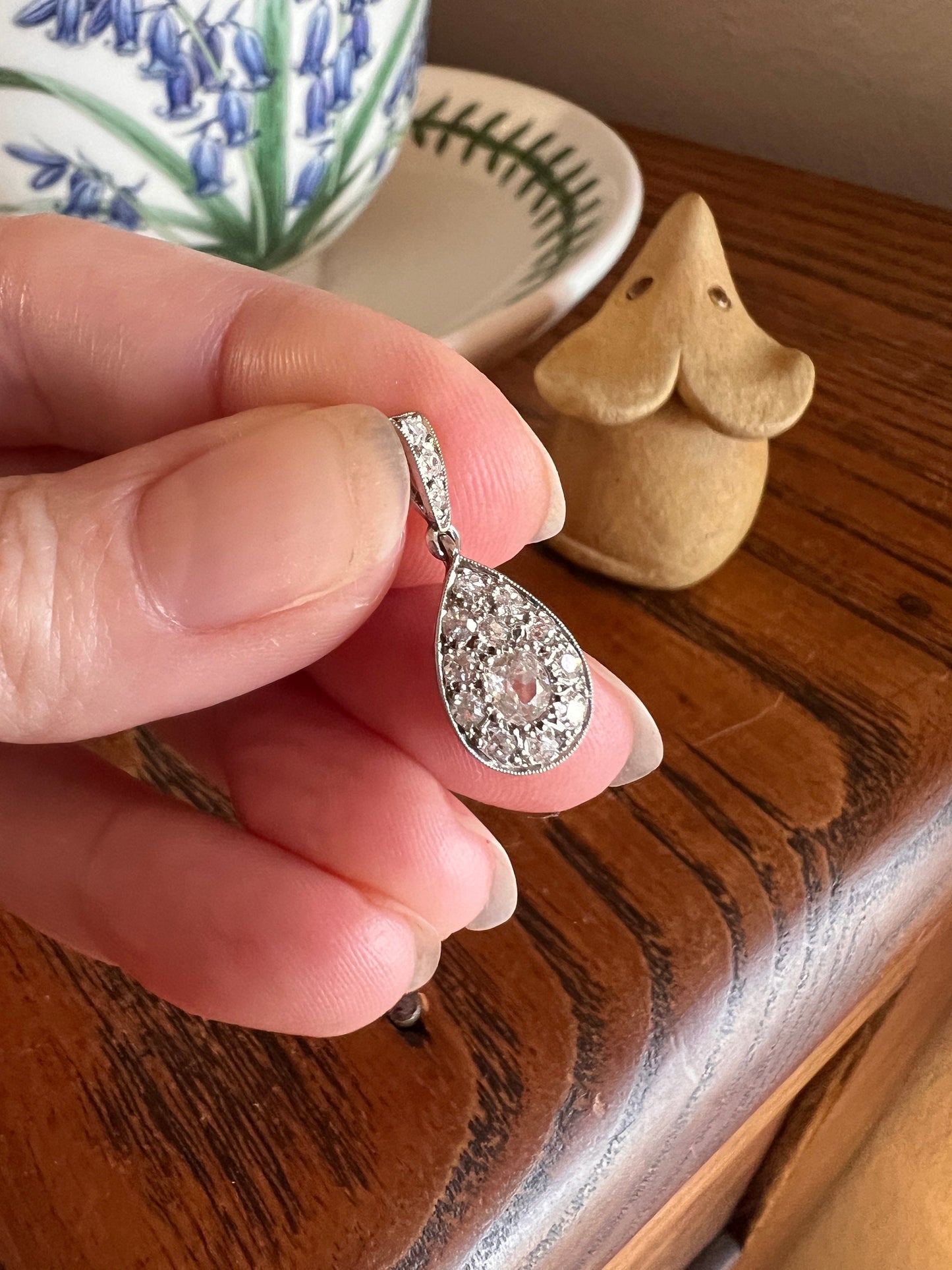 Antique Art Deco Single Cut & Old Mine Cut .6 Carat DIAMOND Teardrop Pendant 18k White Gold PLATINUM Dangle Tear Drop Romantic Gift OMC