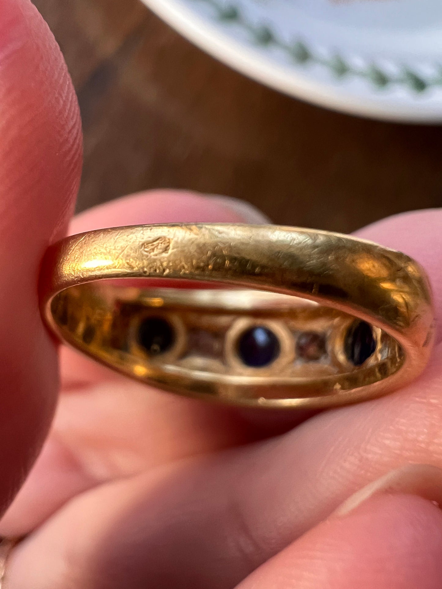 SUGARLOAF Sapphire Old European Cut DIAMOND Five Stone Gypsy Band French Antique Ring 18k Gold Domed Wide Band Chunky Unisex Gift Stacker