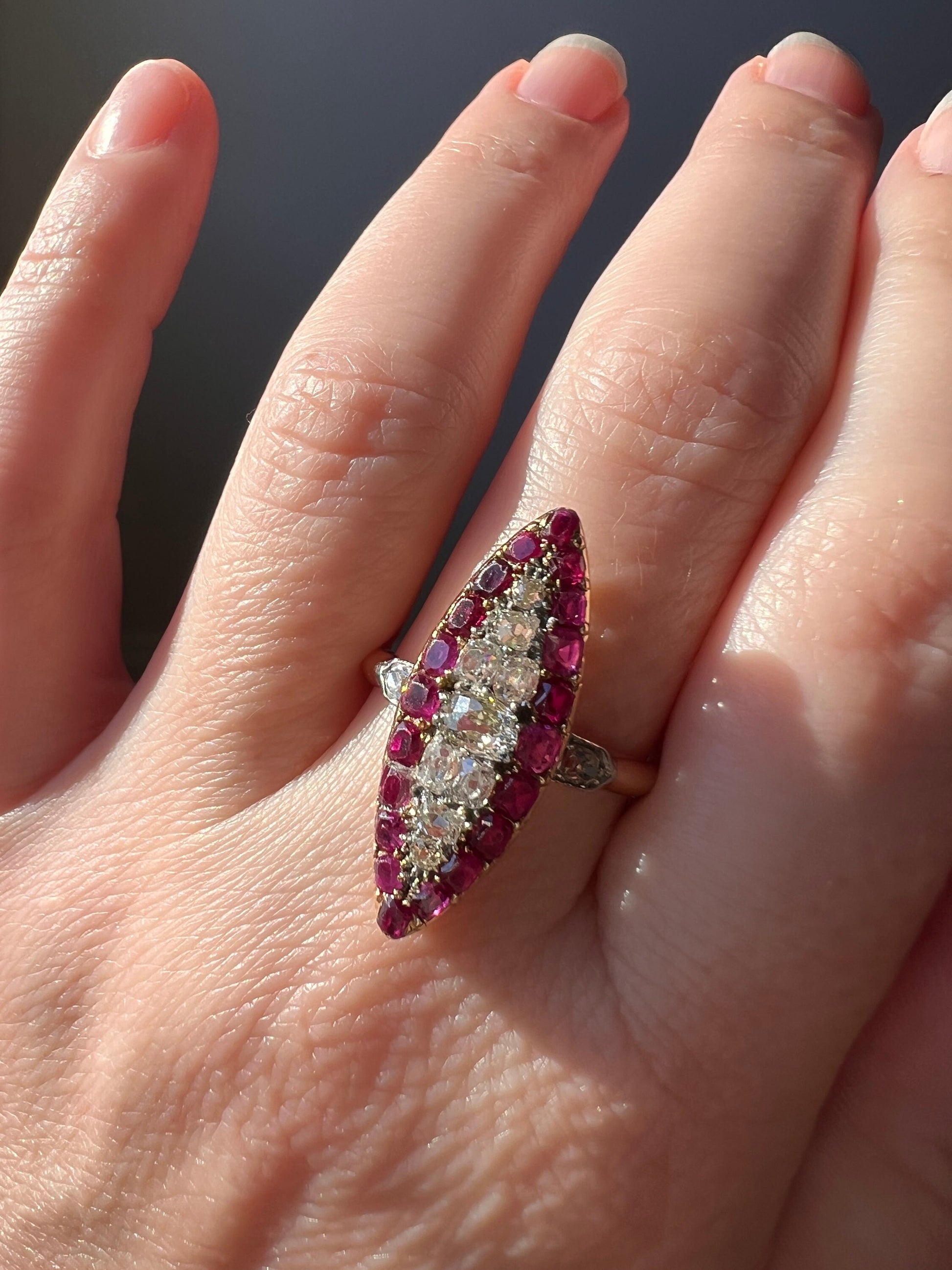 Awesome .7 Carat Oval Old Mine Cut DIAMOND Natural RUBY Pink Halo French Antique Navette Ring 18k Gold Art Nouveau Belle Epoque Gift .7Tdw