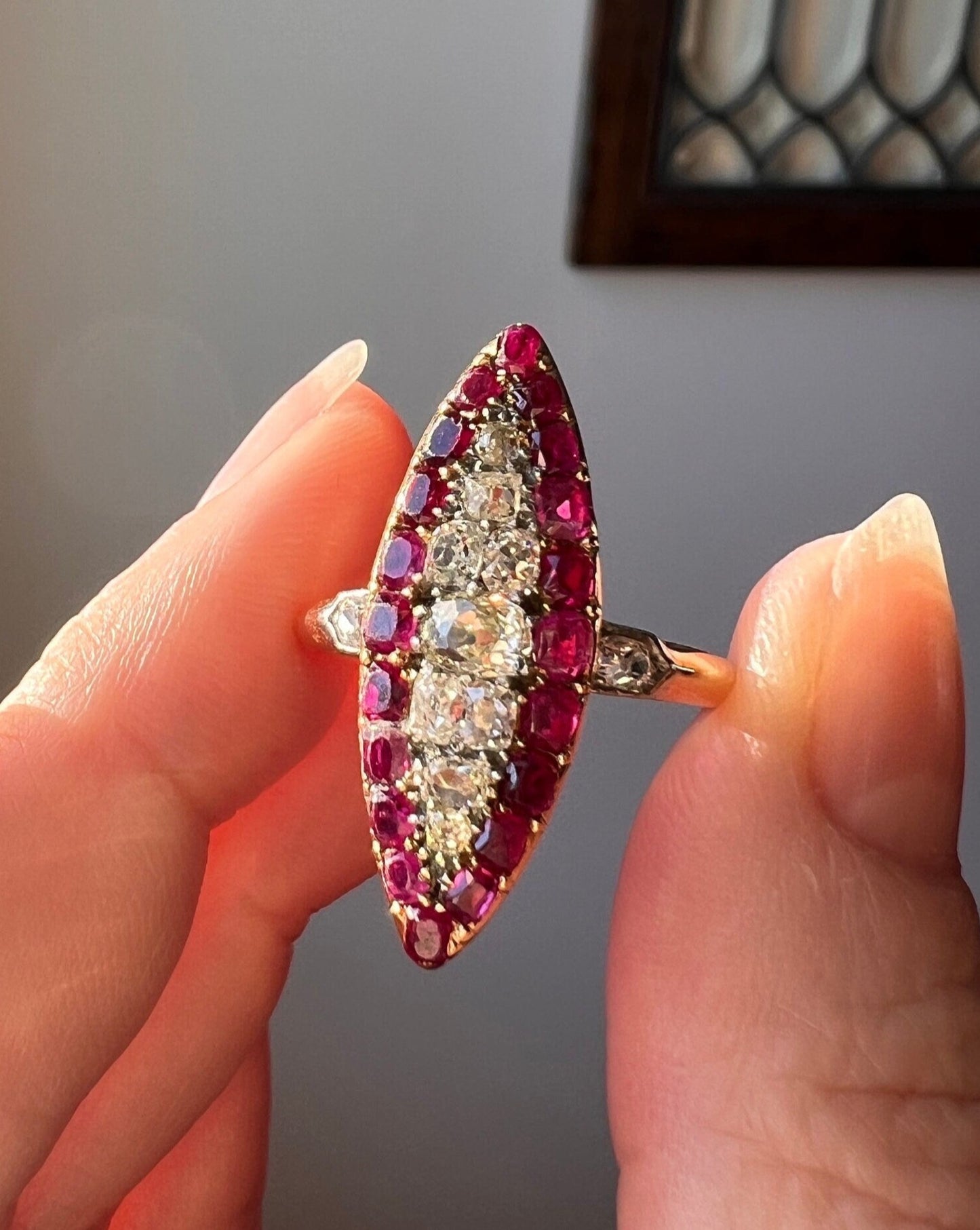 Awesome .7 Carat Oval Old Mine Cut DIAMOND Natural RUBY Pink Halo French Antique Navette Ring 18k Gold Art Nouveau Belle Epoque Gift .7Tdw