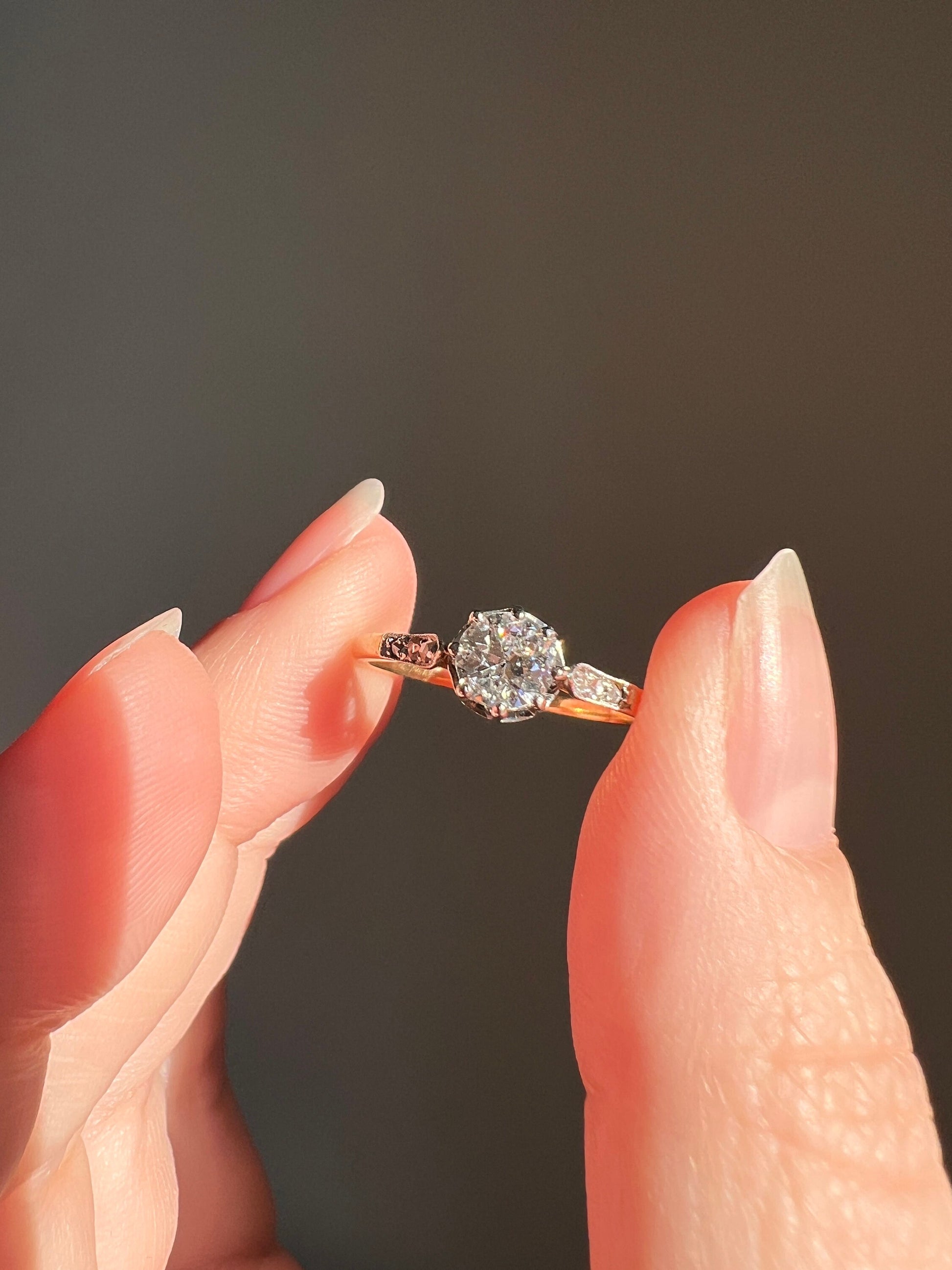 Sparkling .5 Carat Old European Cut Engagement Ring Solitaire with Rose Cut Accents 18k Gold Platinum French Antique Victorian Edwardian OEC