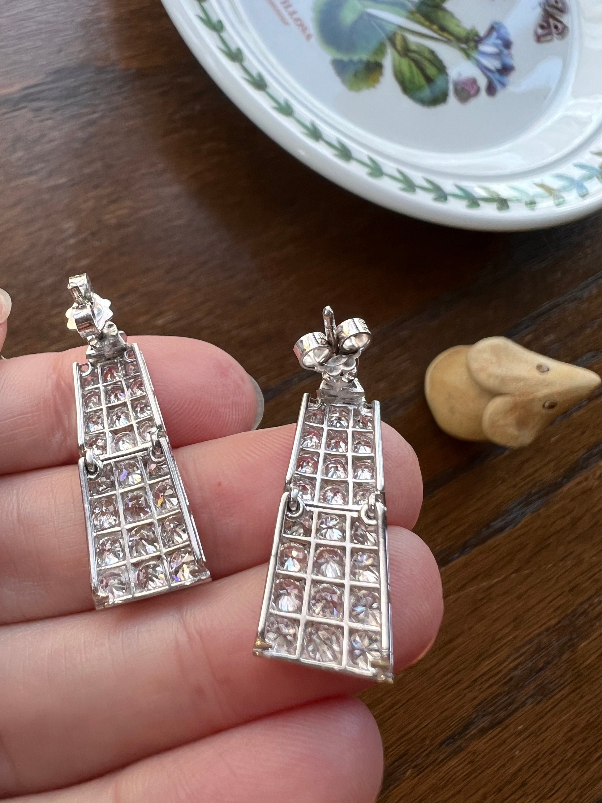French Antique 3.4 Carats TRIANGLE Old Cut DIAMOND & Round Grid Panel Dangle Earrings PLATINUM 18k White Gold Edwardian Bridal Something Old