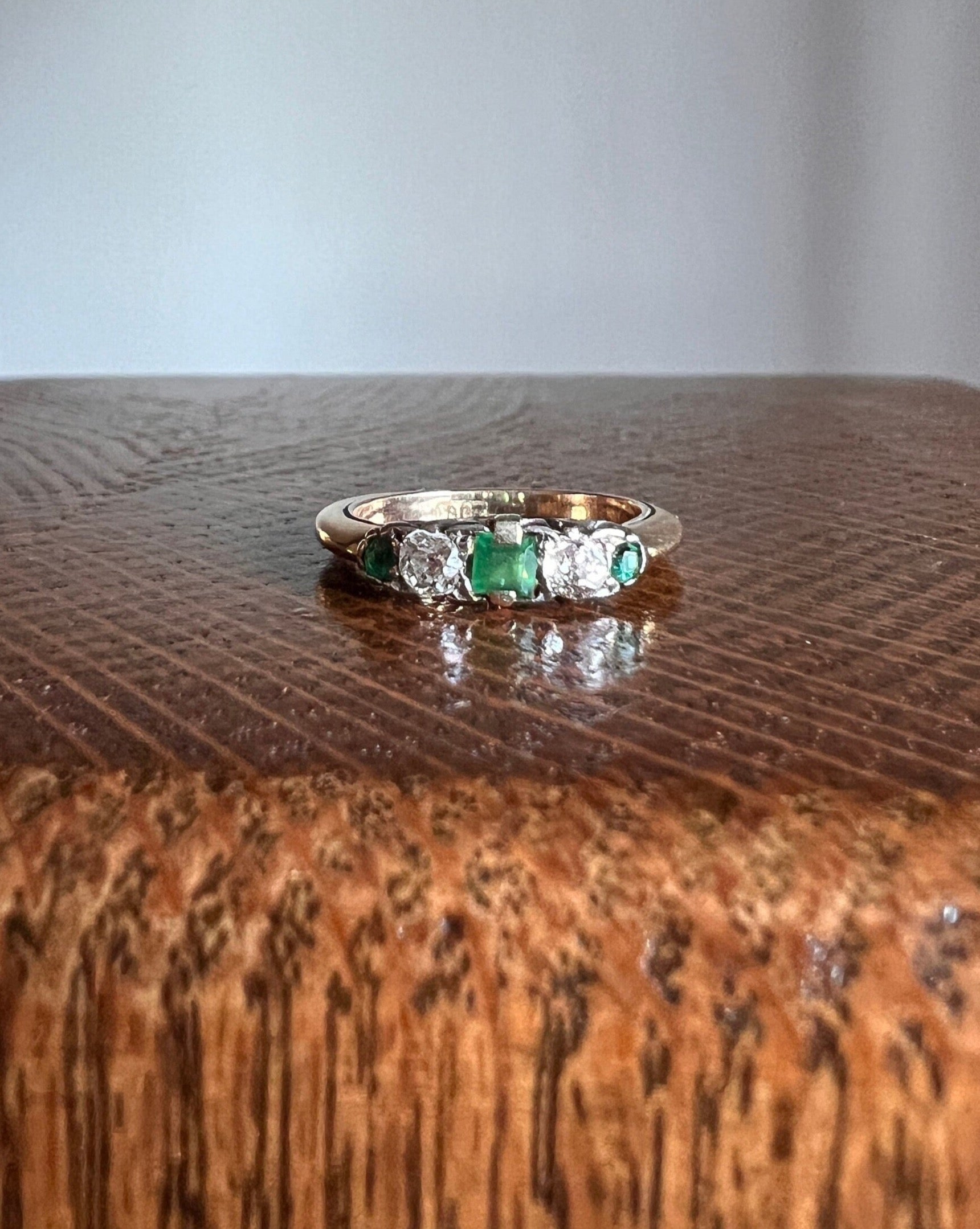 EMERALD Old Mine Cut DIAMOND French ANTIQUE Linear Ring 18k Gold Alternating Green Skinny Band Stacker Romantic Gift Victorian Edwardian OmC