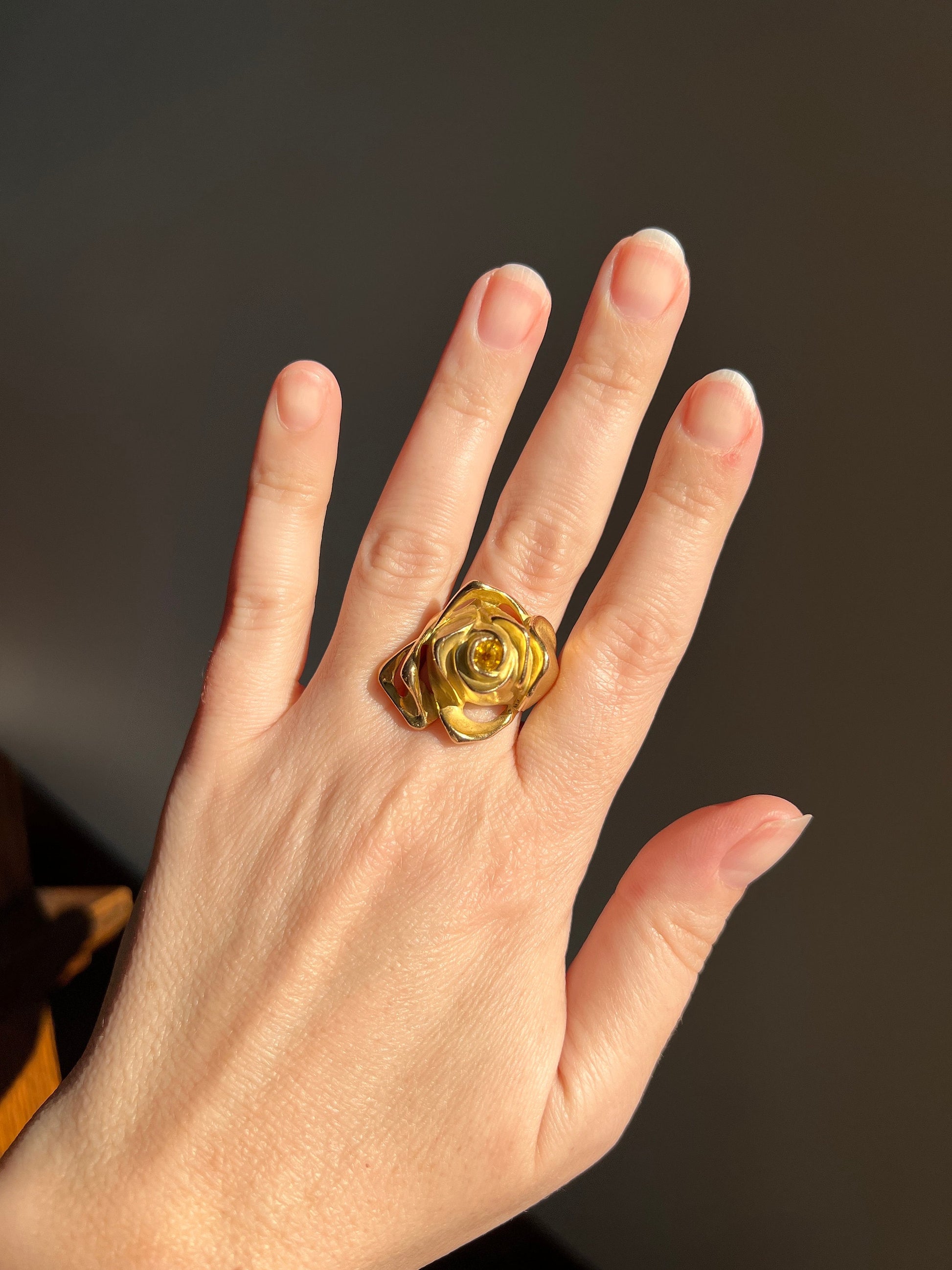 XL Figural ROSE Ring Very HEAVY 17.1g 18k Gold Solid Vintage Floral Yellow Sapphire Chunky 24mm Wide Flower Band Rare Art Nouveau Style Love