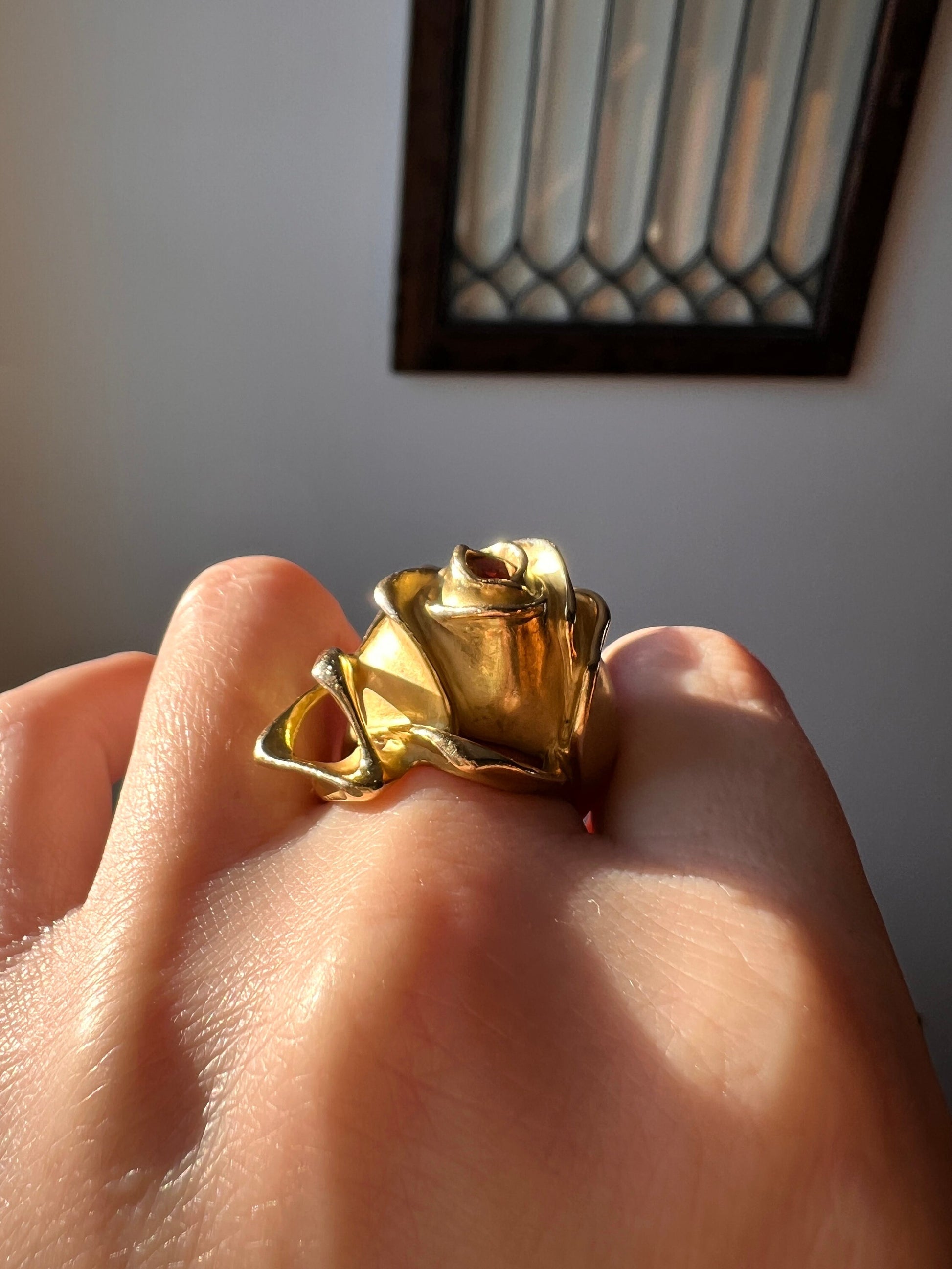 XL Figural ROSE Ring Very HEAVY 17.1g 18k Gold Solid Vintage Floral Yellow Sapphire Chunky 24mm Wide Flower Band Rare Art Nouveau Style Love