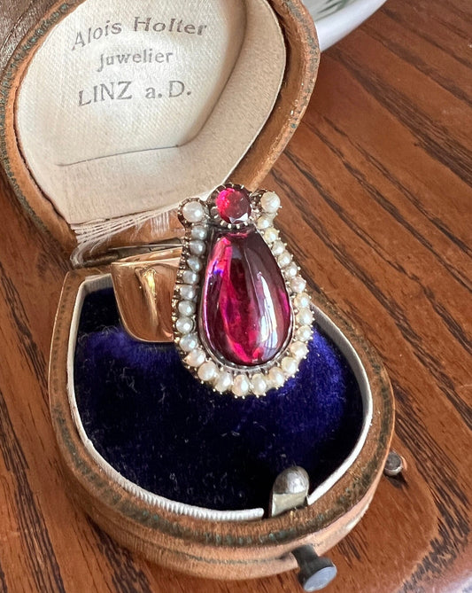 GEORGIAN Era Juicy GARNET Pearl Halo HARP Large Figural Heavy 14g 18k Gold Solid Wide Cigar Band Rare Victorian Figural Pink Purple X L Ooak