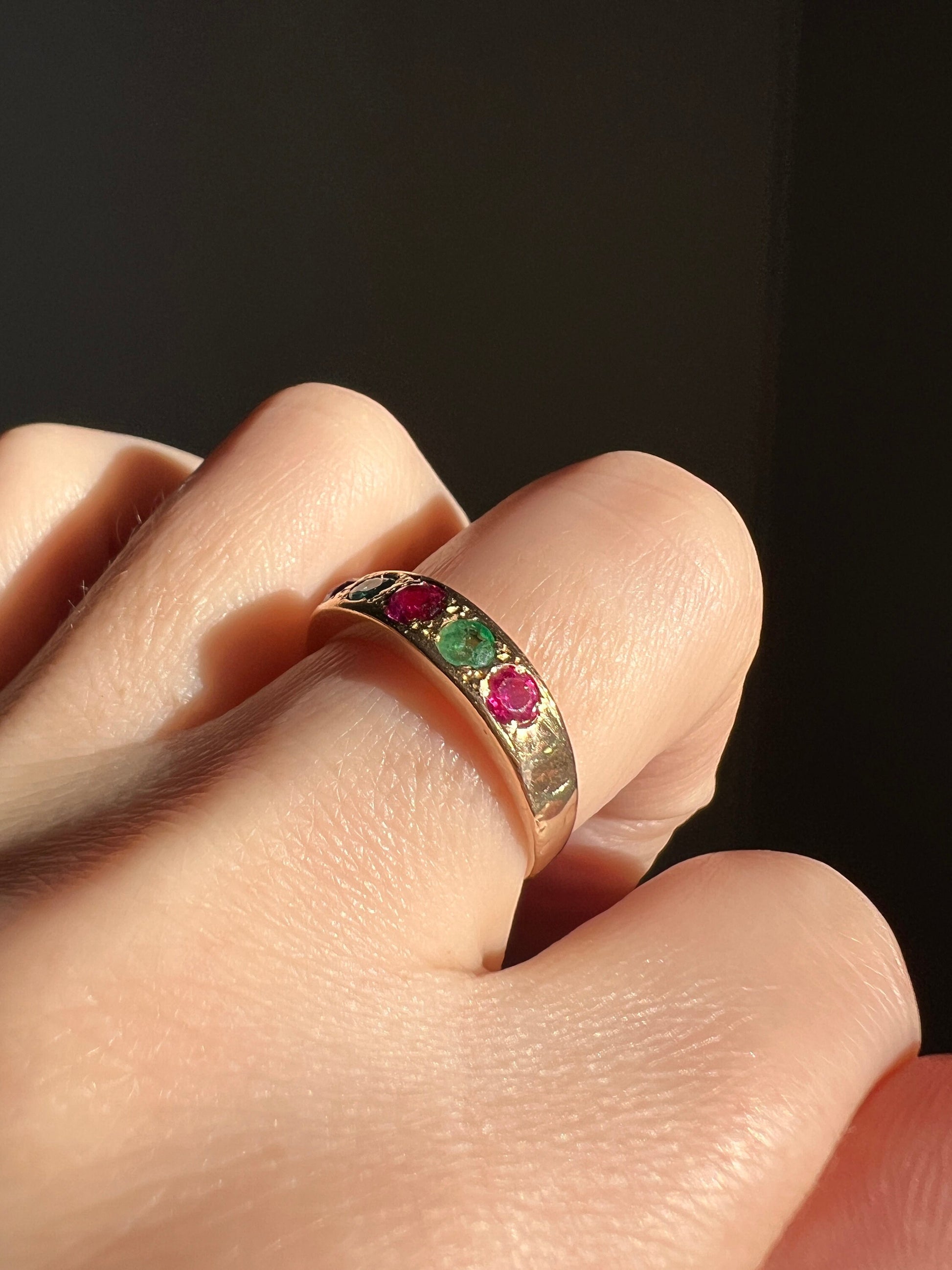 RUBY and EMERALD Half Hoop 18k Band French Antique Stacker Ring Alternating Color Minimalist Romantic Gift Skinny Pink Red Green