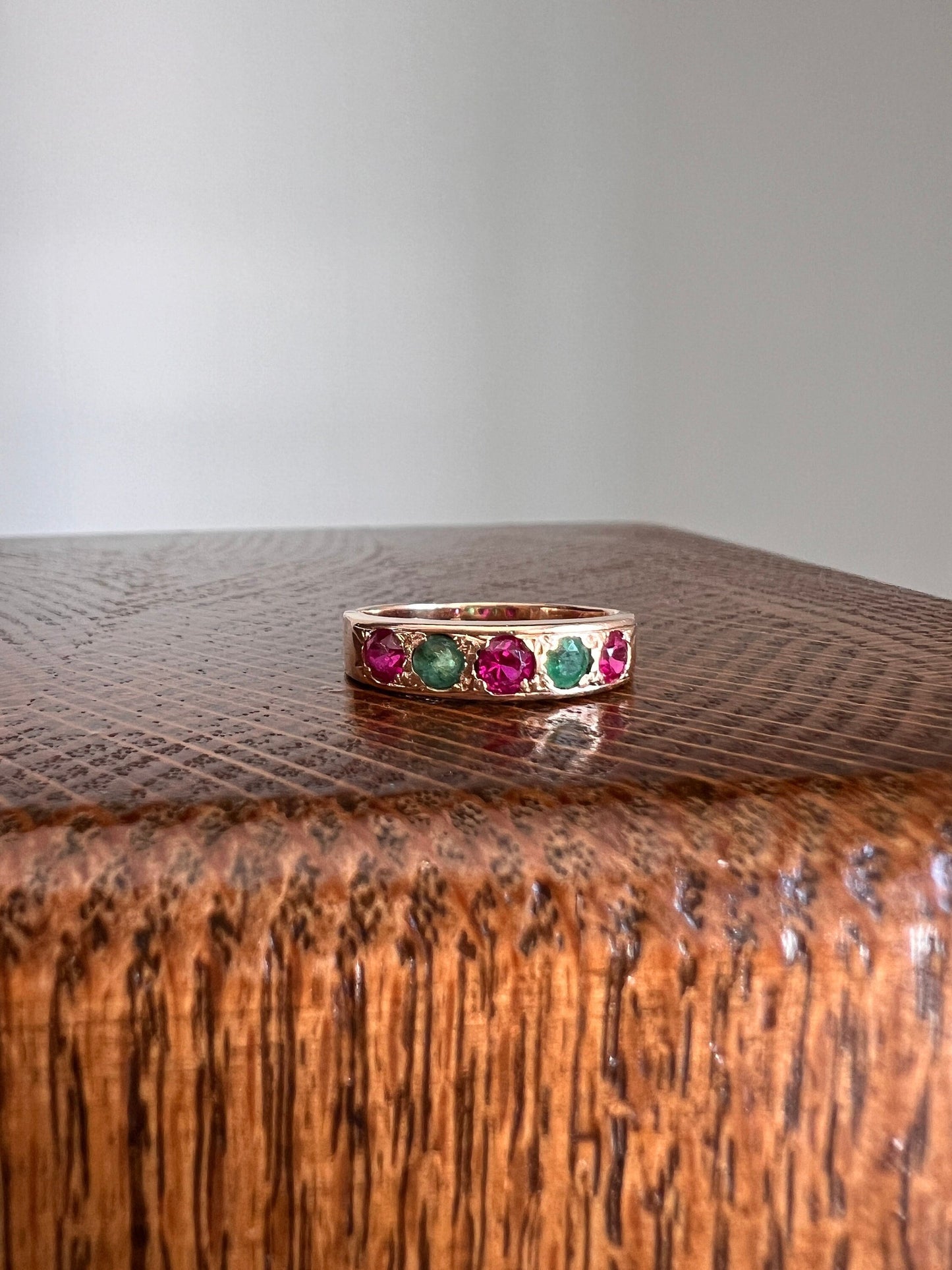 RUBY and EMERALD Half Hoop 18k Band French Antique Stacker Ring Alternating Color Minimalist Romantic Gift Skinny Pink Red Green