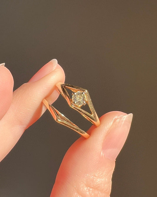 CHEVRON Wedding SET 2 Band Antique Old European Cut DIAMOND Art Deco Skinny & Solitaire Stacker Rings 14k Gold Geometric Gift Engagement OeC