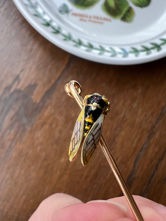 BUG Enamel Cicada Bumble Bee Safety Pin French Antique 18k Gold Victorian Figural Fly Pin Brooch for Pendant Gift Yellow Black Connector
