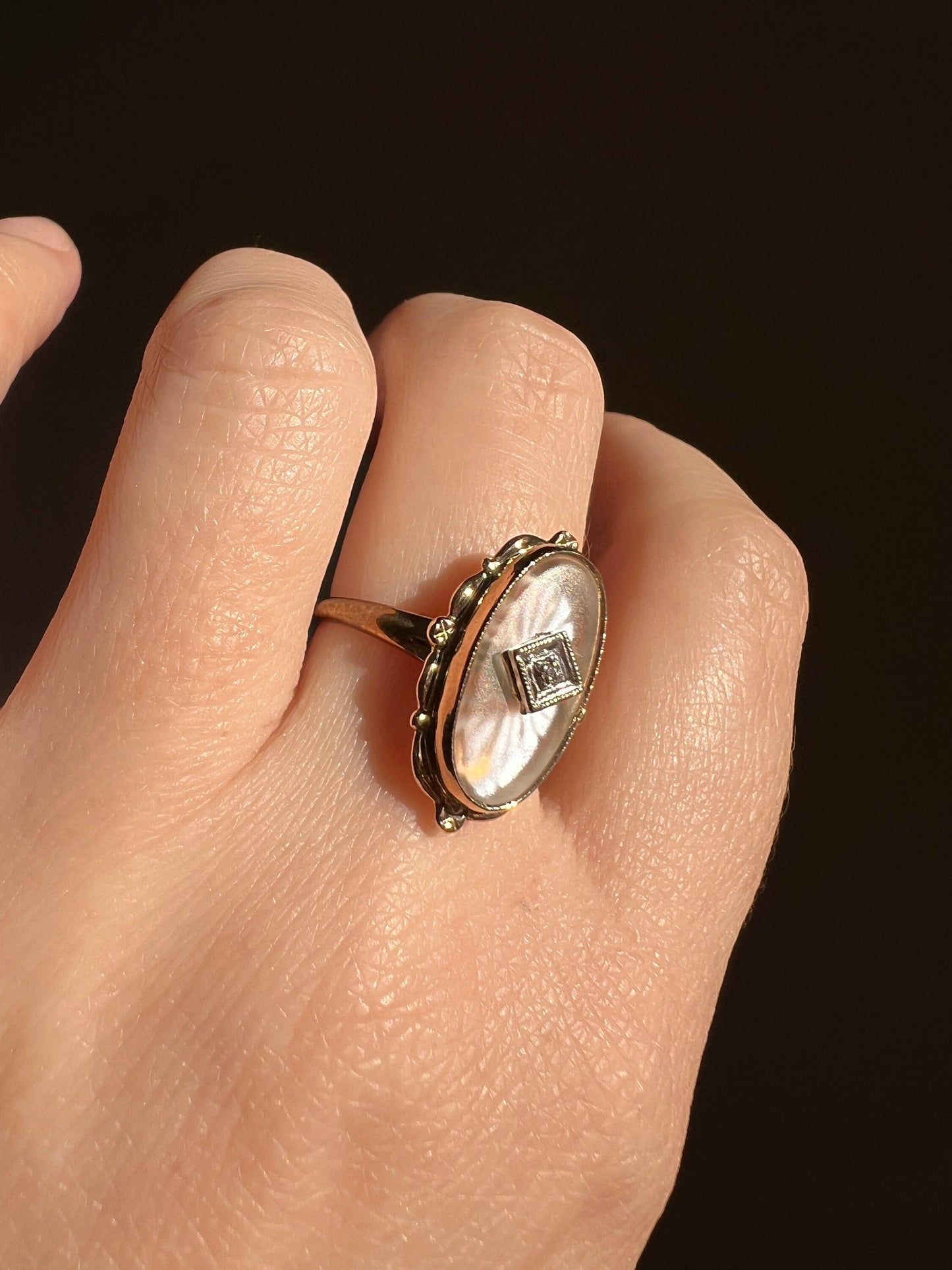 BLUE Glow Antique Camphor Glass Ring Ornate Oval 10k Gold Art Deco Faux Moonstone Rose Cut Diamond Chip Romantic Gift Etched Starburst Lines