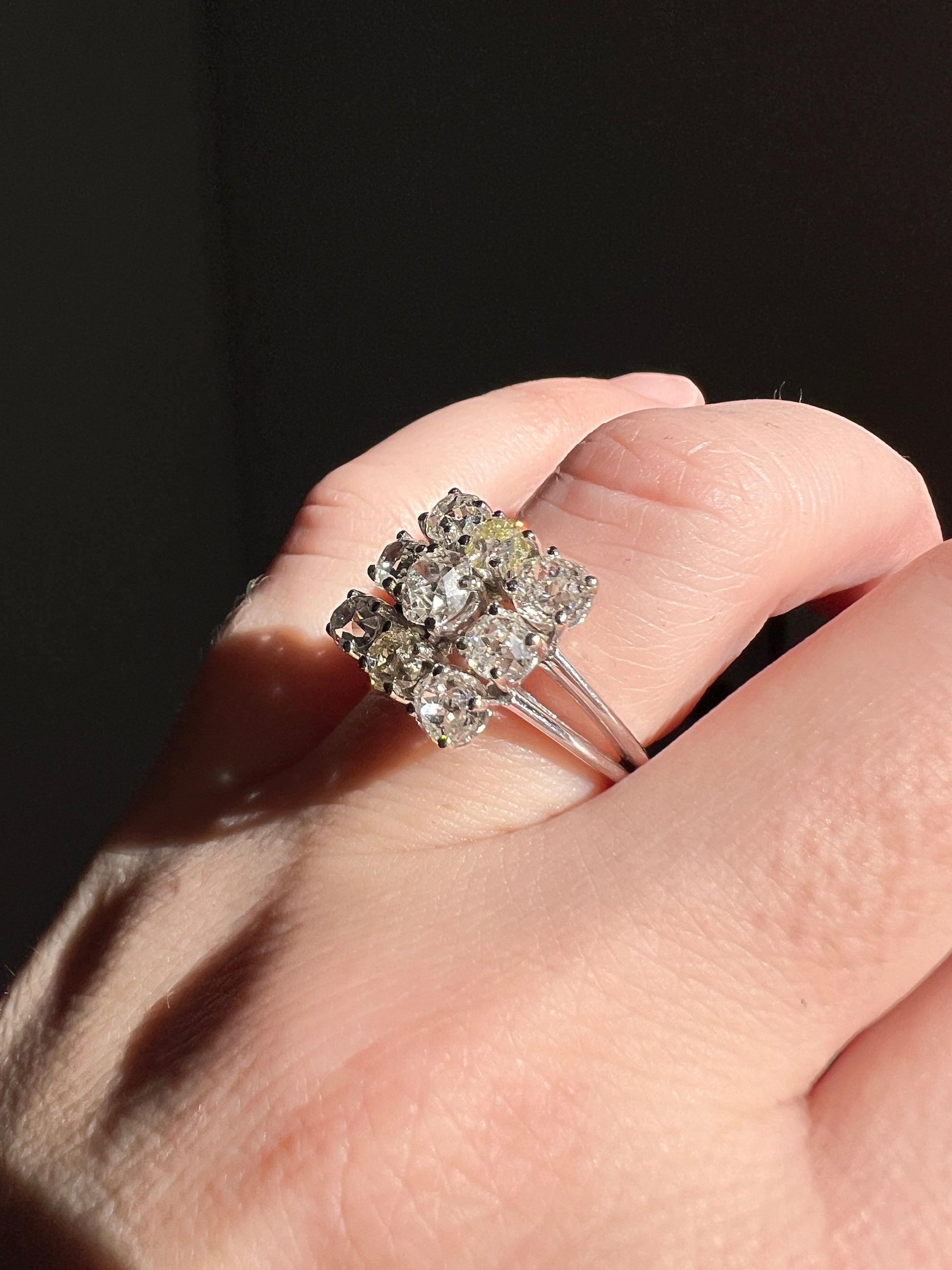 SQUARE Domed Grid French ANTIQUE 1.75 Carats Old Mine Cut Yellow DIAMOND Cluster Ring 18k White Gold Art Deco Gift Belle Epoque Chunky OmC