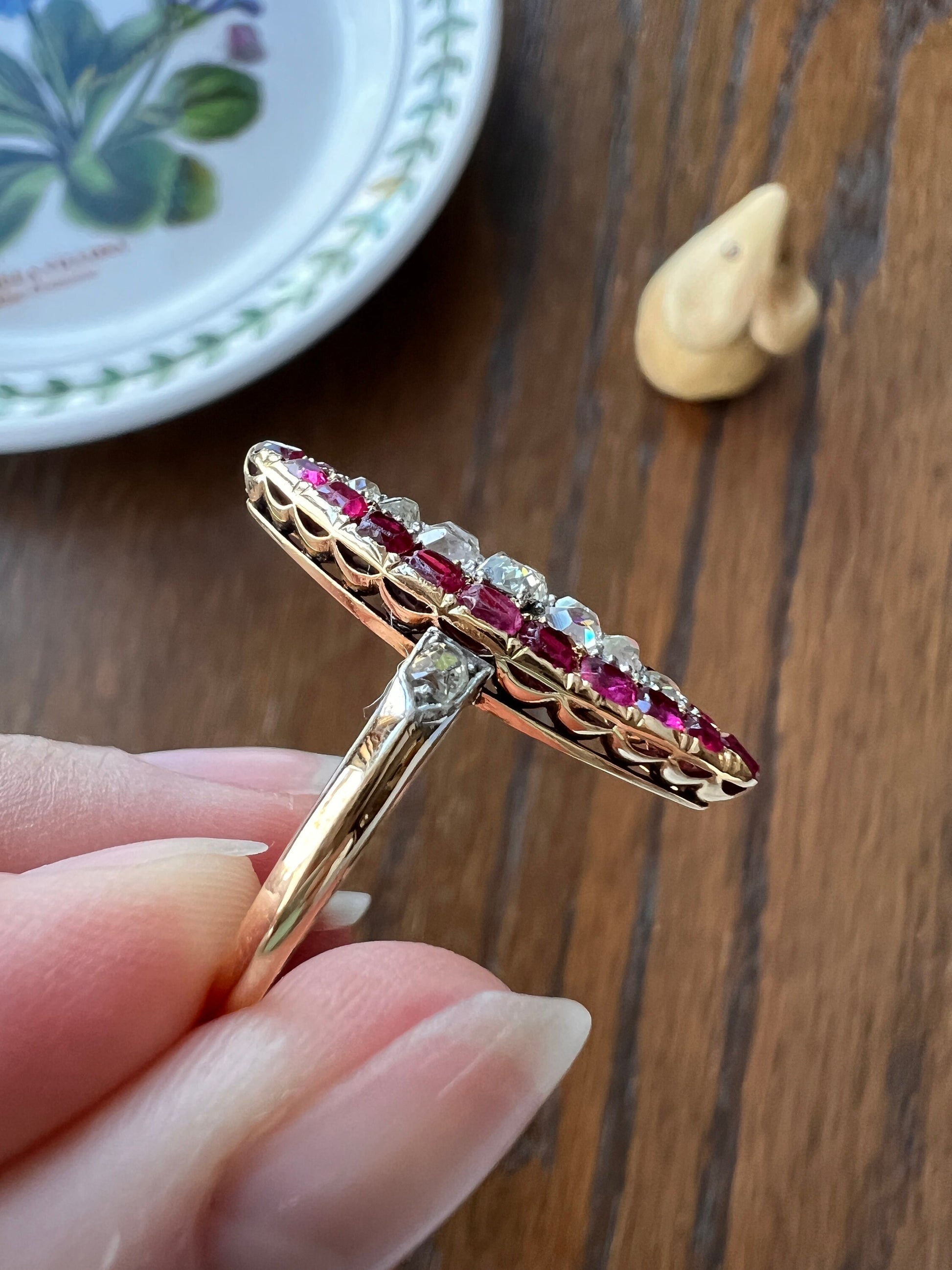 Awesome .7 Carat Oval Old Mine Cut DIAMOND Natural RUBY Pink Halo French Antique Navette Ring 18k Gold Art Nouveau Belle Epoque Gift .7Tdw