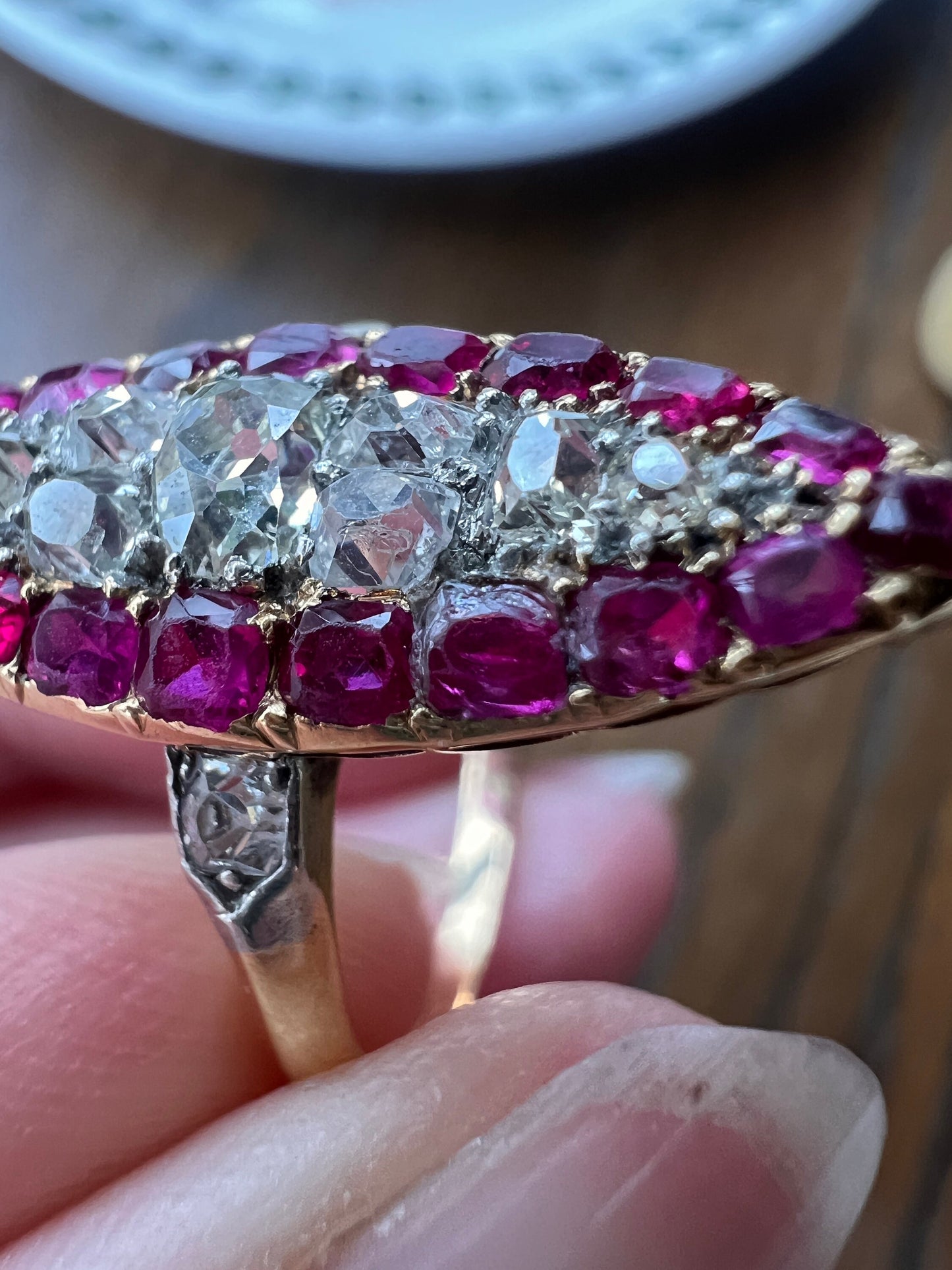 Awesome .7 Carat Oval Old Mine Cut DIAMOND Natural RUBY Pink Halo French Antique Navette Ring 18k Gold Art Nouveau Belle Epoque Gift .7Tdw