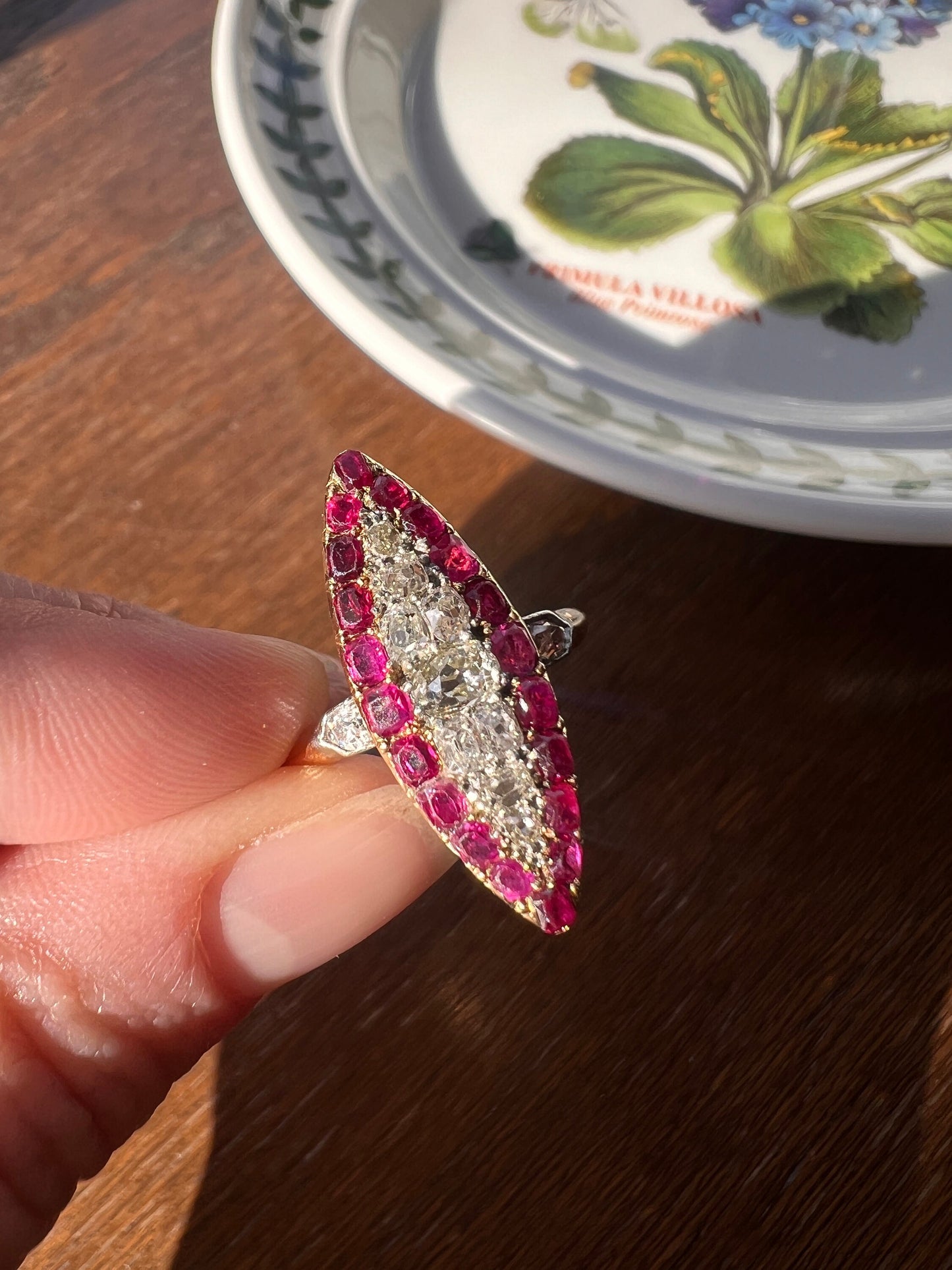 Awesome .7 Carat Oval Old Mine Cut DIAMOND Natural RUBY Pink Halo French Antique Navette Ring 18k Gold Art Nouveau Belle Epoque Gift .7Tdw