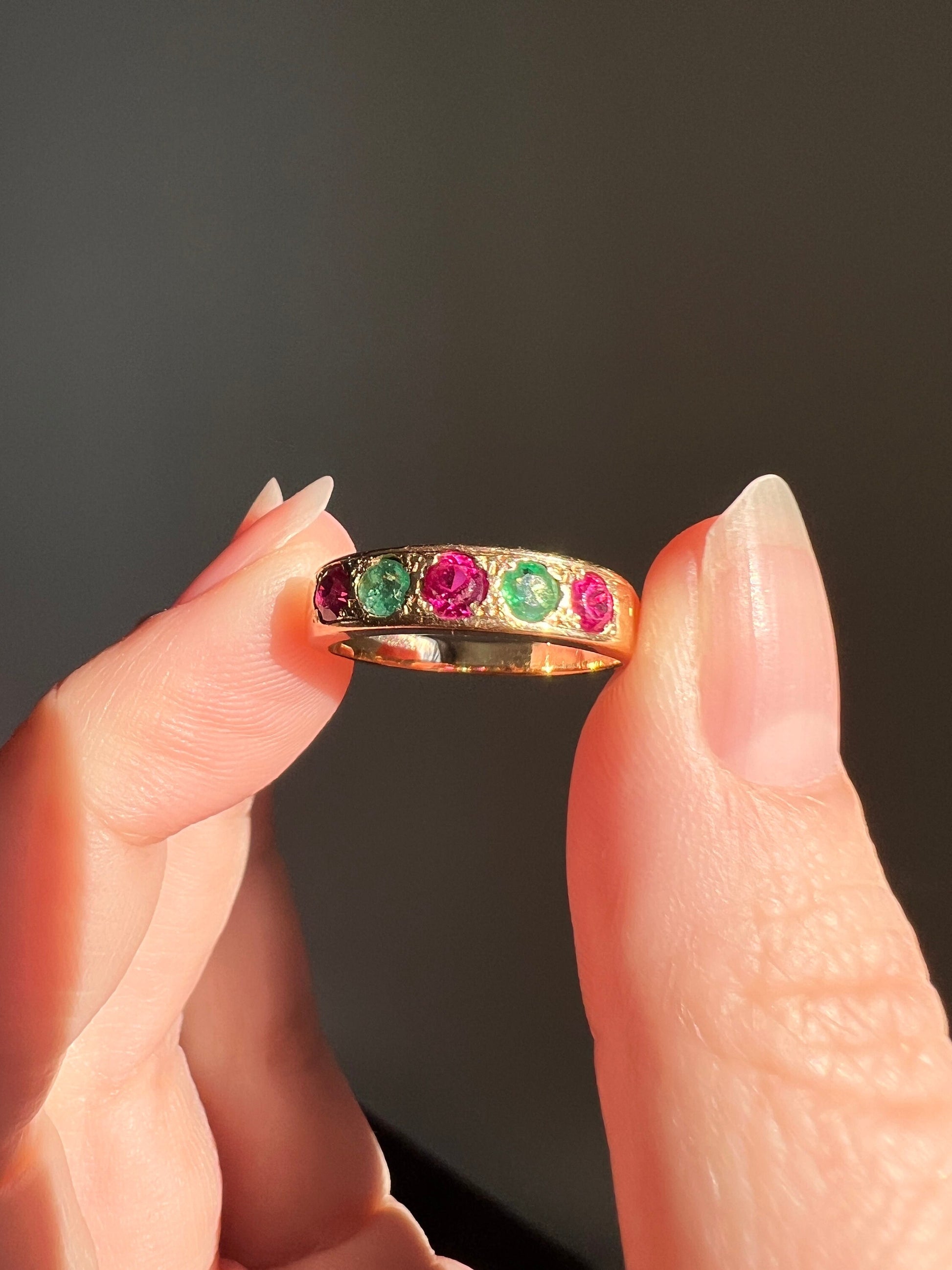 RUBY and EMERALD Half Hoop 18k Band French Antique Stacker Ring Alternating Color Minimalist Romantic Gift Skinny Pink Red Green