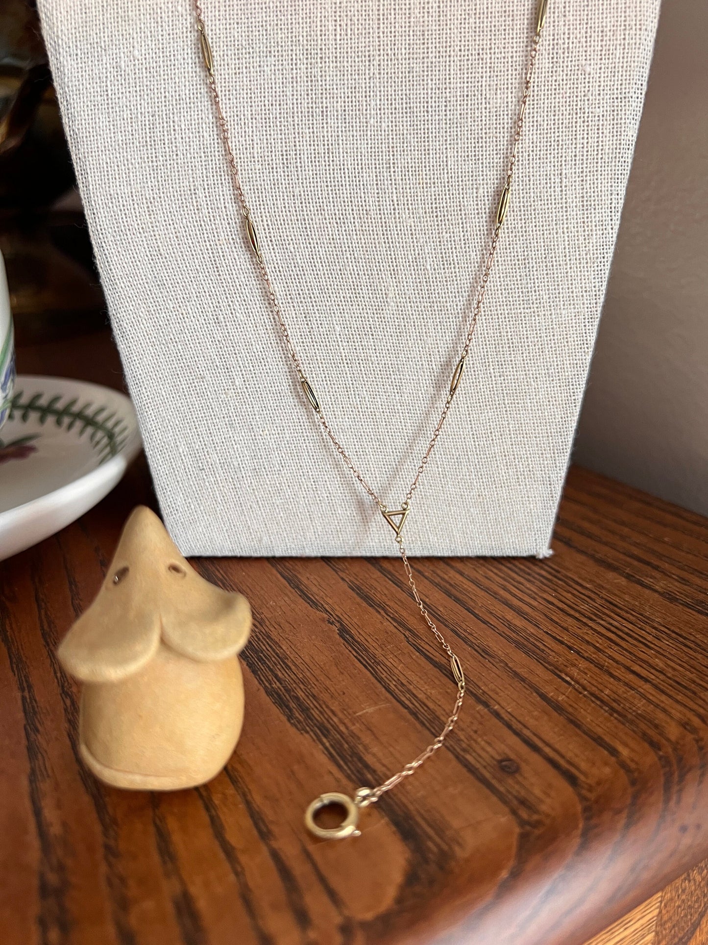 Dainty Vintage - Art Deco Antique Long 26" Y Chain Lariat Necklace w/ Dangle Pendant Holder 14k Gold Solid Layer Neckmess Neckstack Triangle